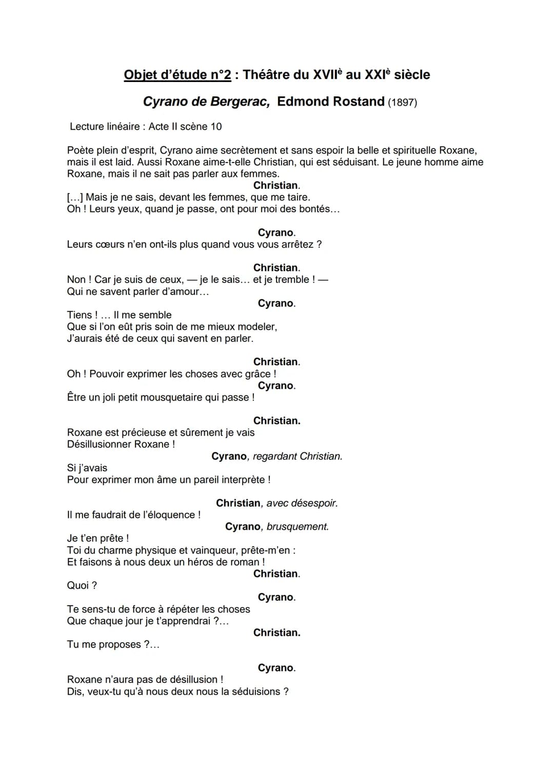Objet d'étude n°2 : Théâtre du XVIIe au XXIe siècle
Cyrano de Bergerac, Edmond Rostand (1897)
Lecture linéaire: Acte II scène 10
Poète plein