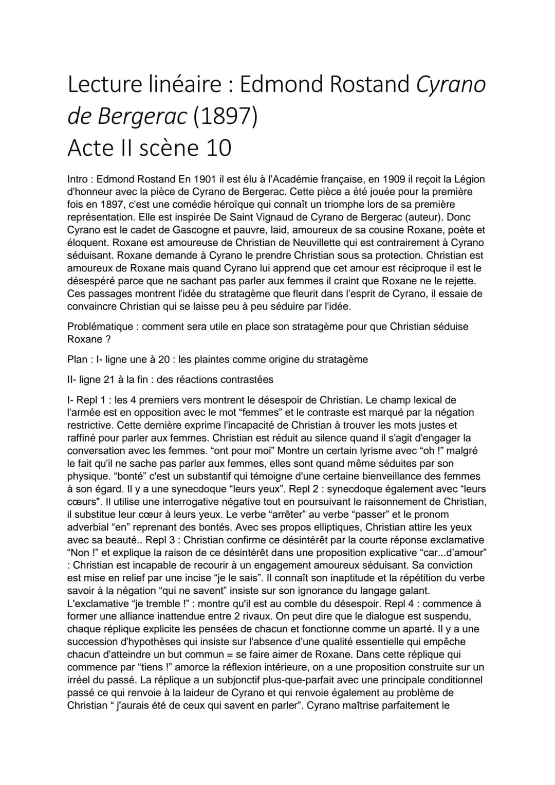 Objet d'étude n°2 : Théâtre du XVIIe au XXIe siècle
Cyrano de Bergerac, Edmond Rostand (1897)
Lecture linéaire: Acte II scène 10
Poète plein