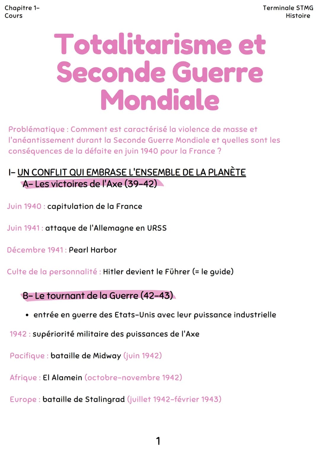 Chapitre 1-
Cours
Totalitarisme et
Seconde Guerre
Mondiale
Problématique : Comment est caractérisé la violence de masse et
l'anéantissement 