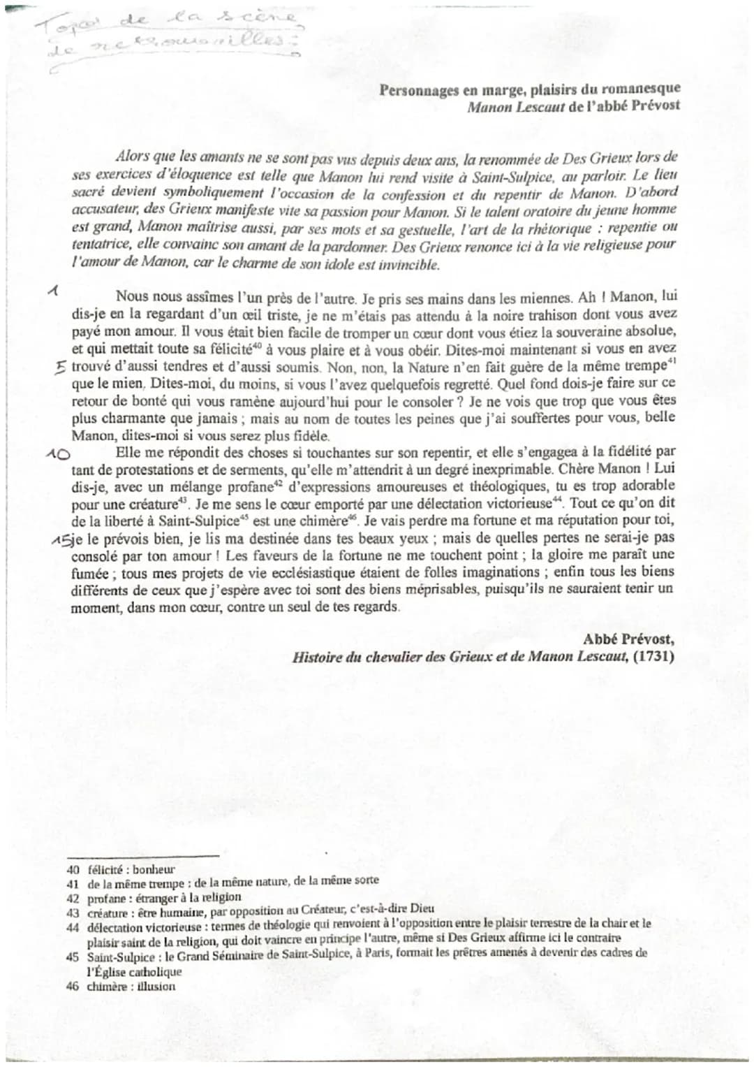 Analyse linéaire : Topos de la scène des retrouvailles - Manon Lescaut - Abbé Prévost