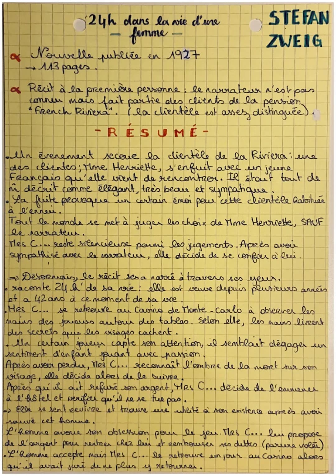 24h dans la vie d'une
femme
publiée en 1927
Nouvelle
→ 113 pages
STEFAN
ZWEIG
a Récit à la première personne: le narrateur n'est pas
conner 