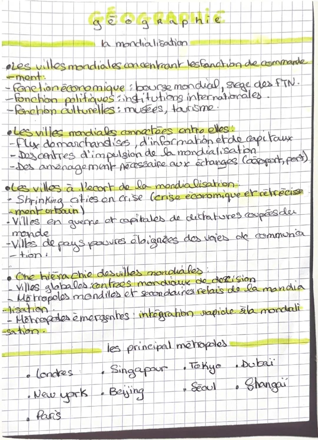 gé
graphie
la mondialisation
•Les villes mondiales concentrant lesfanction de commande
-ment
-Fonction économique ; bourse mondial, siege de