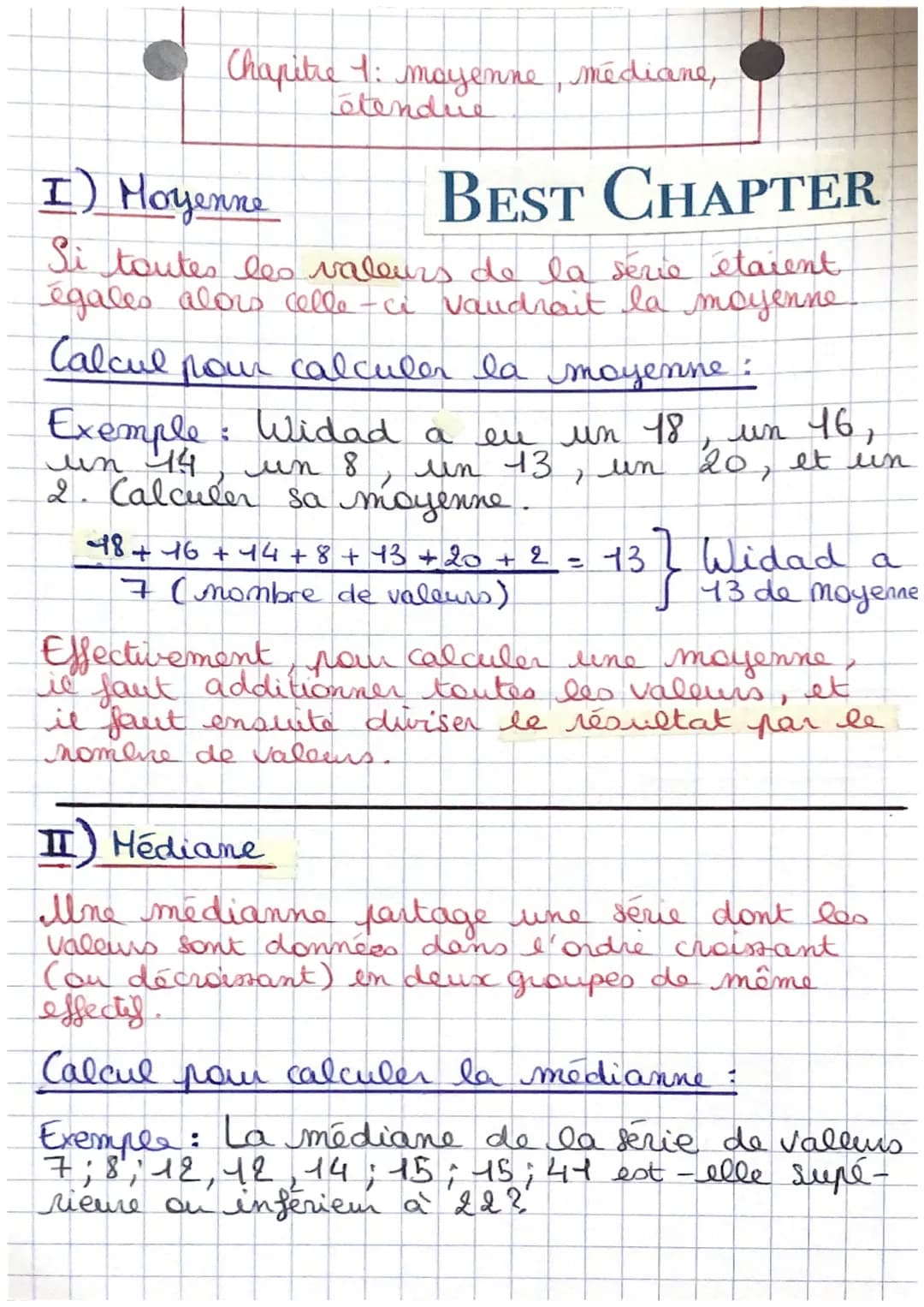 Chapitre 1: mayenne, médiane,
Tétendre
I) Moyenne
BEST CHAPTER
Si toutes les valeurs de la série étaient
égales alors celle-ci vaudrait la m