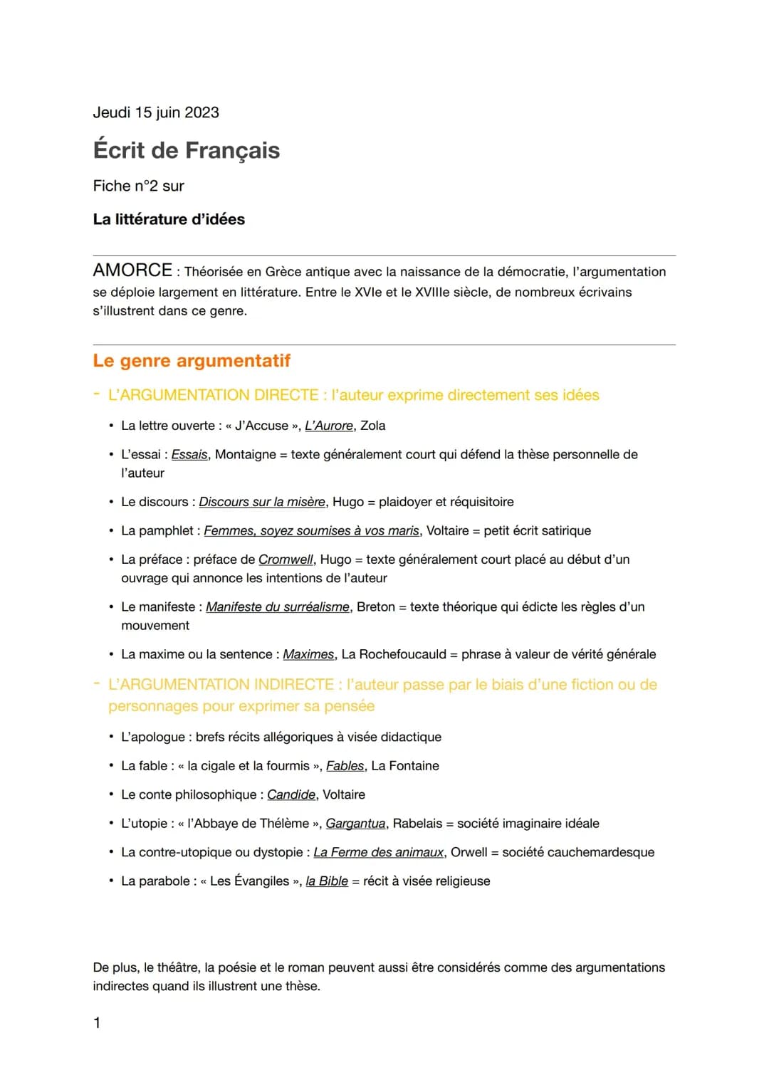 Fiche sur la littérature d’idées 