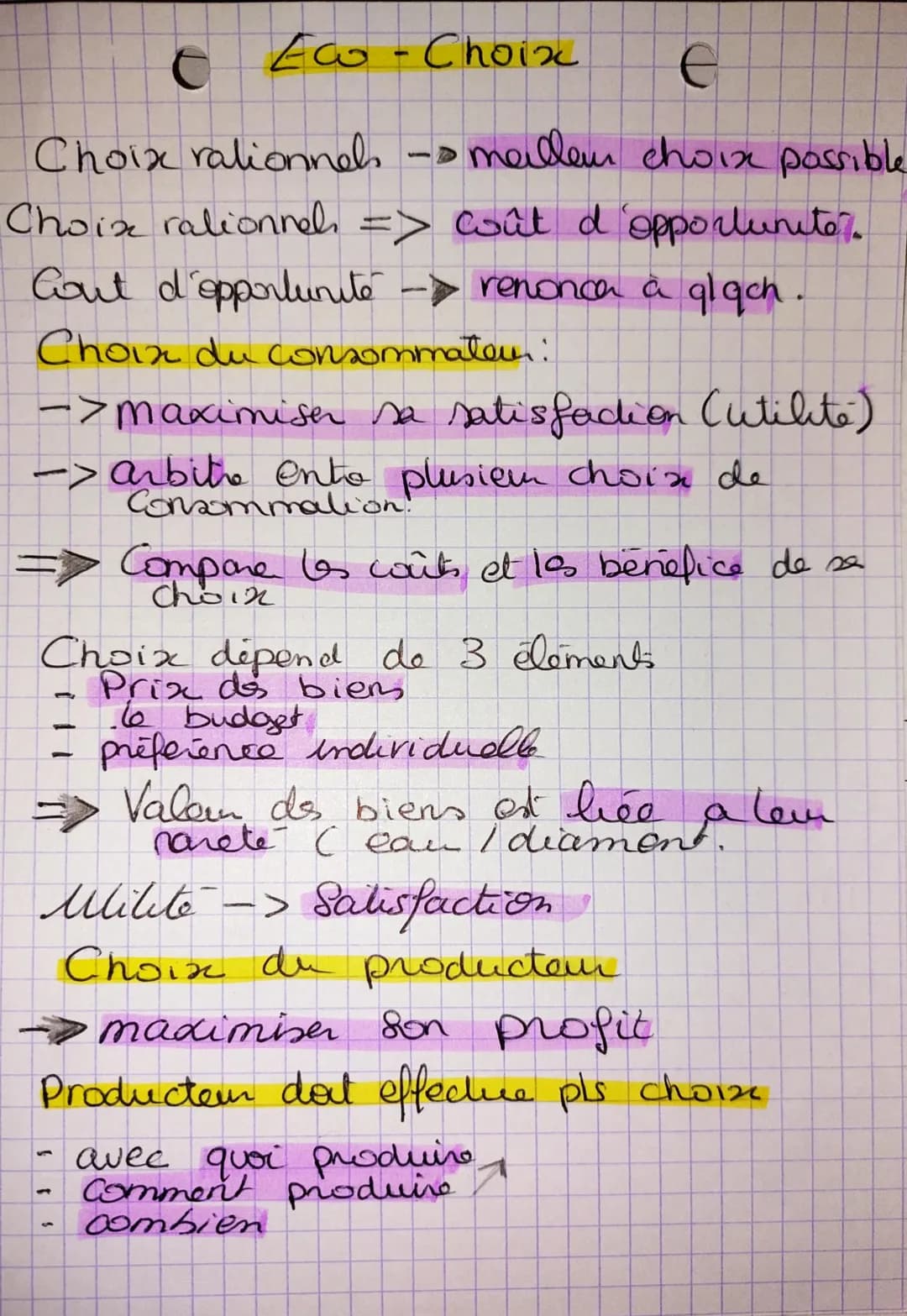 с
Ew - Choix
e
Choix rationnel -> meilleur choix possible
Choix rationnel => woût d'opportunito?.
Cout d'opportunité - renonce à glach.
Choi