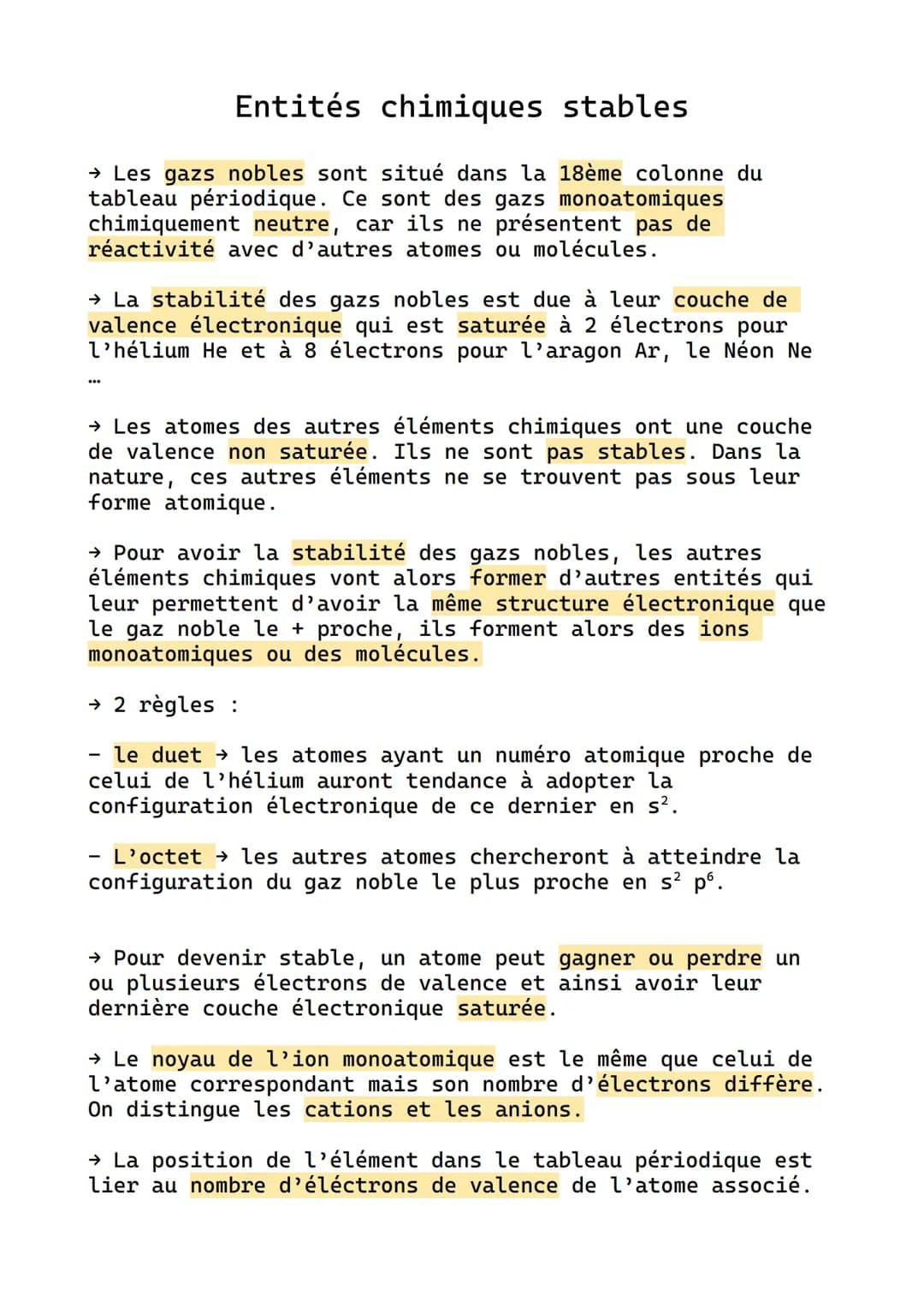 Entités
chimiques stables
→ Les gazs nobles sont situé dans la 18ème colonne du
tableau périodique. Ce sont des gazs monoatomiques
chimiquem