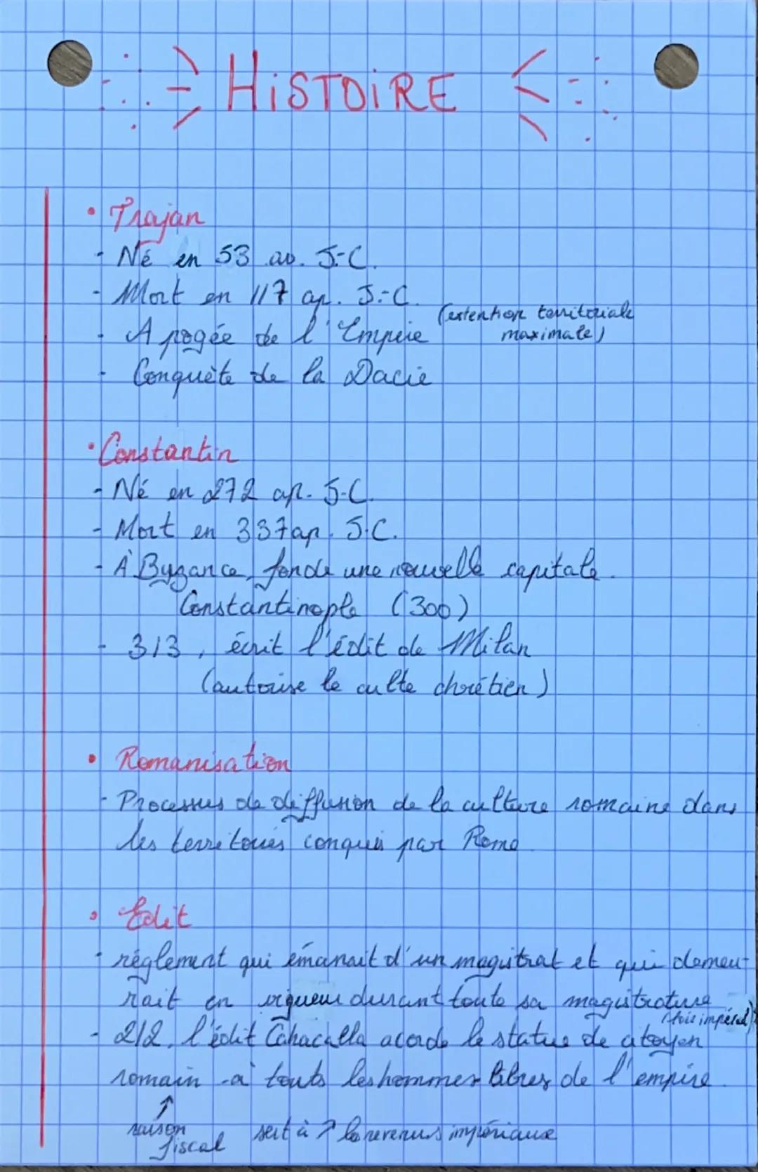 --- OCR Start ---
HISTOIRE
Qu'est-ce que l'Empire romain.
- ensemble de terribovie conquis et olominés par
Rome autour de bassin Méditerrané