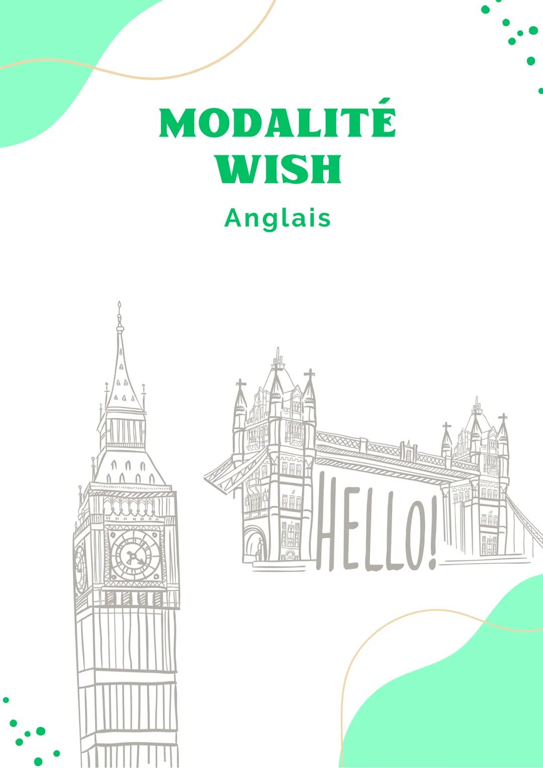 MODALITÉ
WISH
Anglais
HELLO! Expression de la modalité
: le souhait
Souhaiter qqchose à qqun
Avec wish, l'énonciateur peut souhaiter quelque