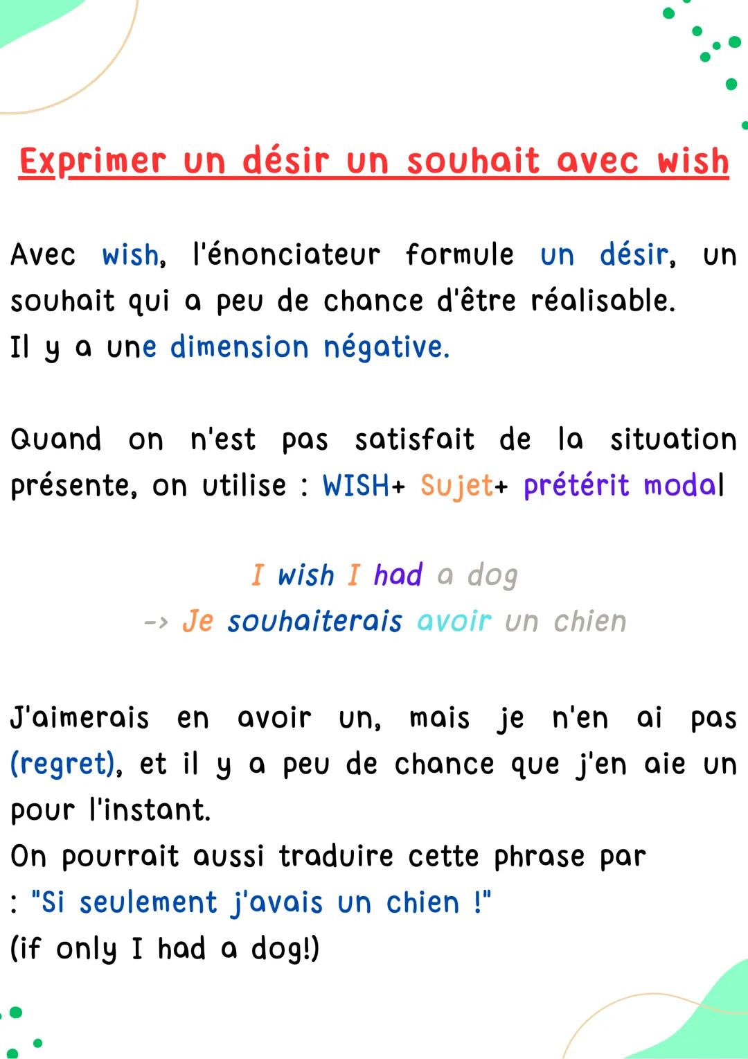 MODALITÉ
WISH
Anglais
HELLO! Expression de la modalité
: le souhait
Souhaiter qqchose à qqun
Avec wish, l'énonciateur peut souhaiter quelque