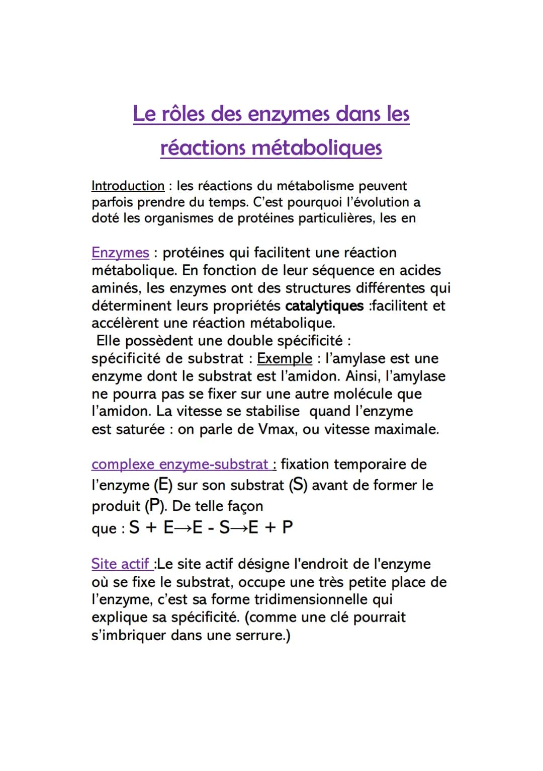 Le rôles des enzymes dans les
réactions métaboliques
Introduction : les réactions du métabolisme peuvent
parfois prendre du temps. C'est pou