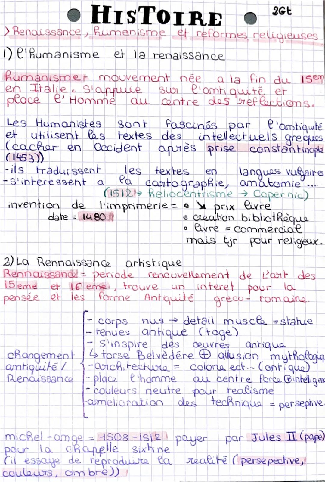 # HISTOIRE
2GE
> Renaissance, humanisme et reformes religieuses

1) l'humanisme et la renaissance

humanisme mouvement née a la fin du isen
