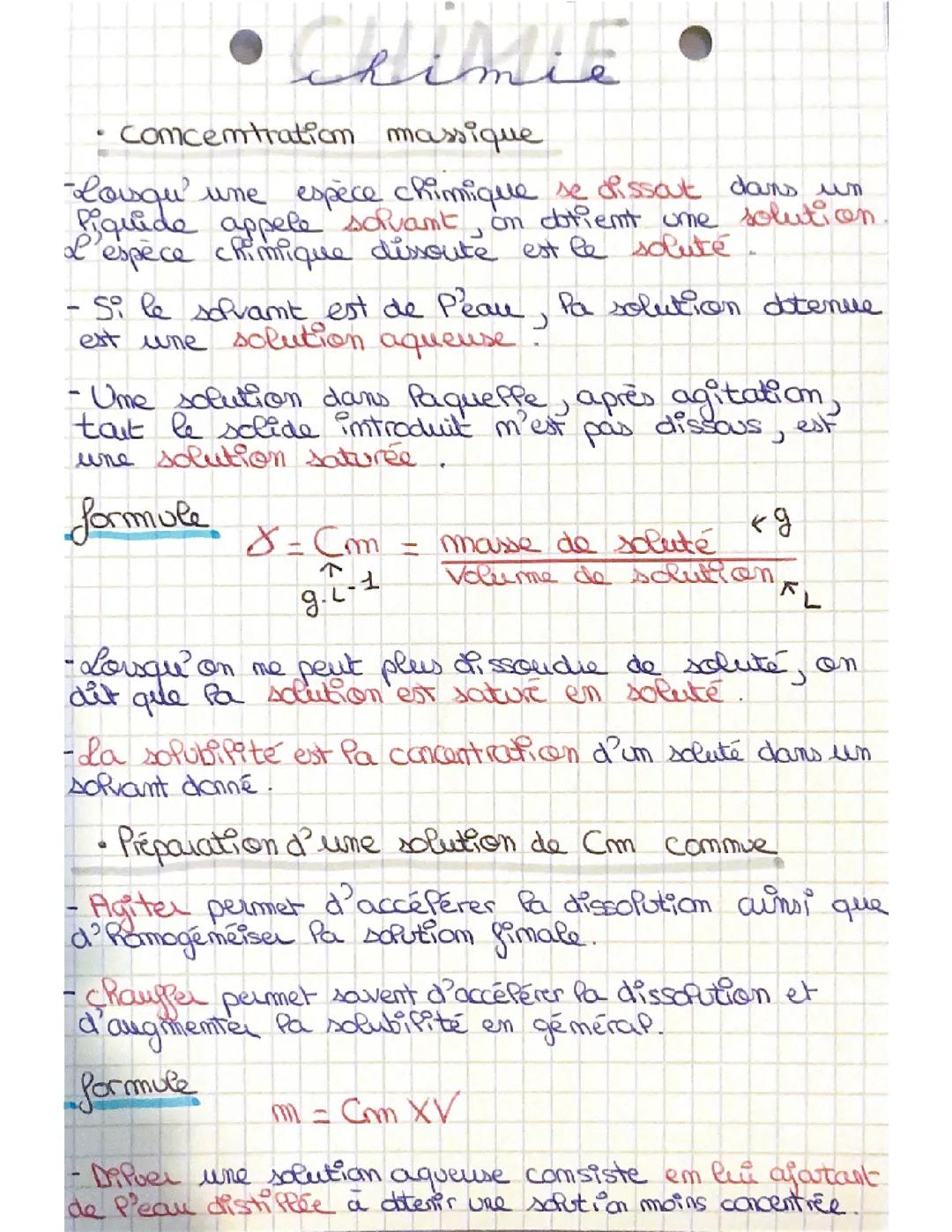 Concentration massique, préparation d’une solution,détermination expérimentale d’une concentration