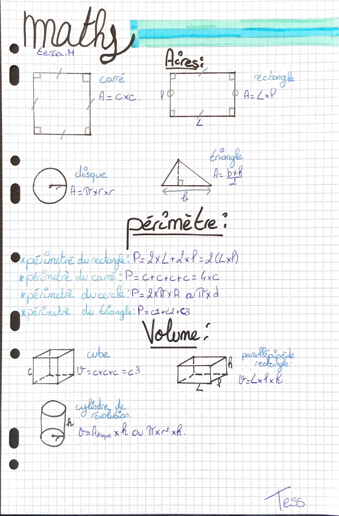 maths
Eessa. M.
t
Q
desque
A=PxCxr
Carre
A = cxc.
H
Th
cube
V = cxcxc =c3
Acresi
b
périmètre:
•xpérimetre ou rectangle: P= 2xL+2xP=2(LxP)
* 