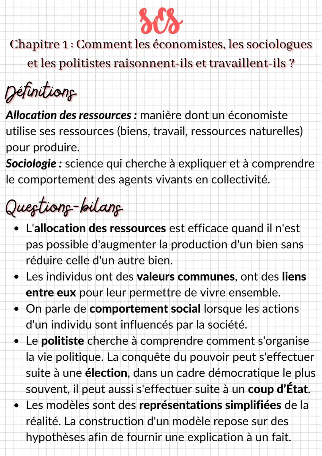 ses
Chapitre 1: Comment les économistes, les sociologues
et les politistes raisonnent-ils et travaillent-ils?
Definitions
Allocation des res