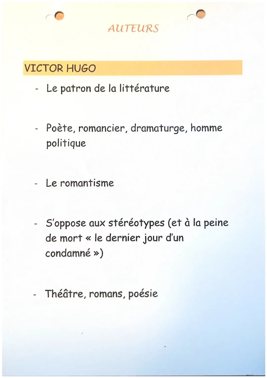 VICTOR HUGO
-
AUTEURS
Le patron de la littérature
Poète, romancier, dramaturge, homme
politique
Le romantisme
S'oppose aux stéréotypes (et à