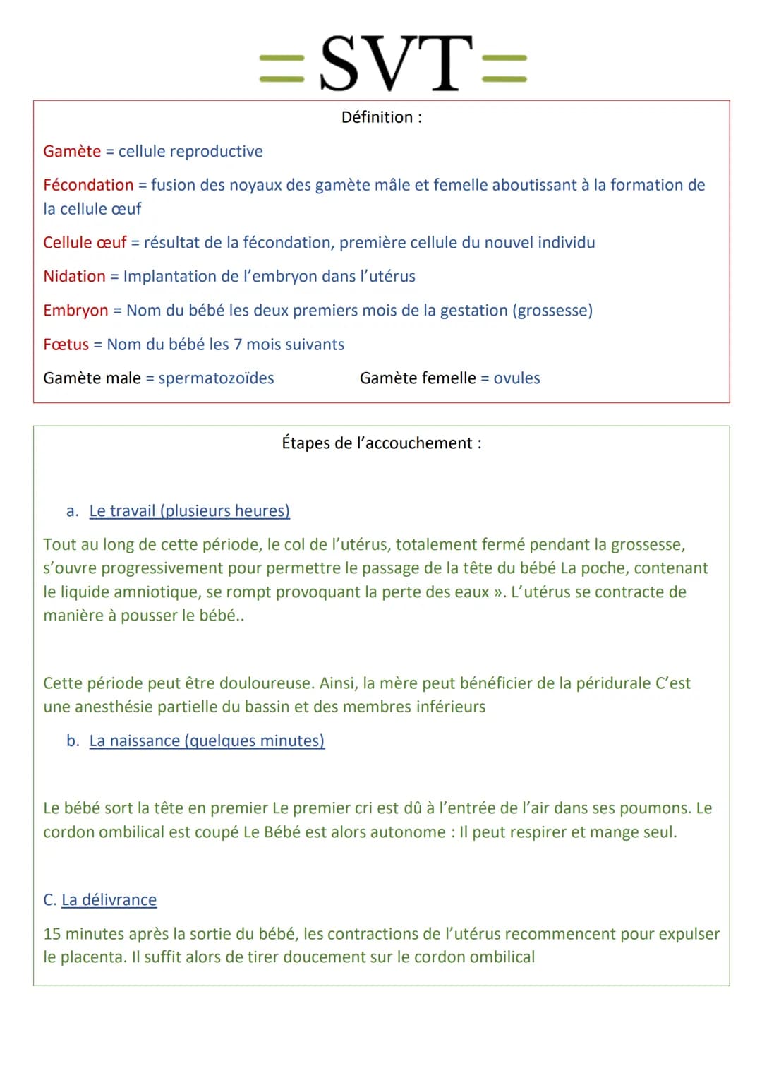 =SVT=
Définition :
Gamète cellule reproductive
Fécondation = fusion des noyaux des gamète mâle et femelle aboutissant à la formation de
la c