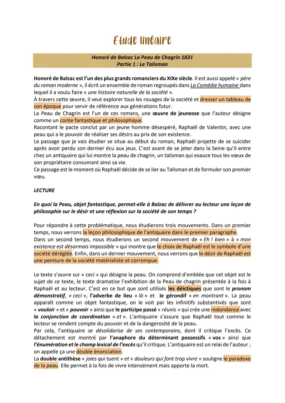 Étude linéaire
Honoré de Balzac La Peau de Chagrin 1831
Partie 1: Le Talisman
Honoré de Balzac est l'un des plus grands romanciers du XIXe s