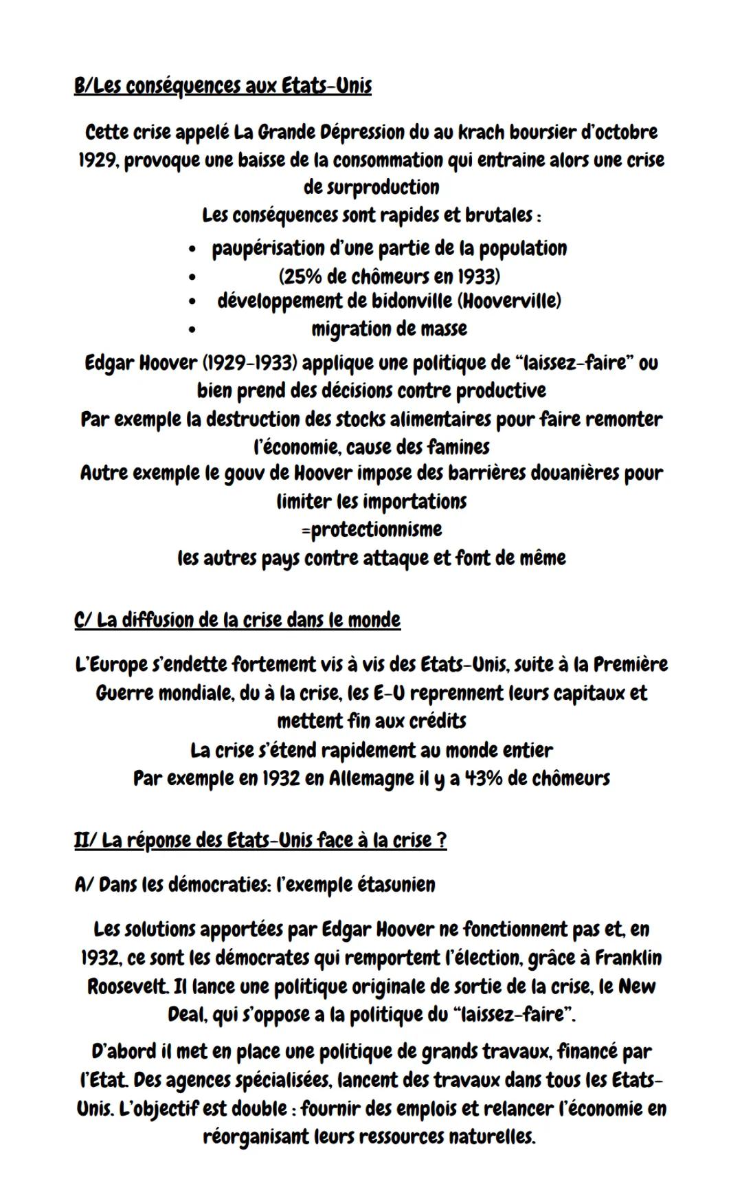B/Les conséquences aux Etats-Unis
Cette crise appelé La Grande Dépression du au krach boursier d'octobre
1929, provoque une baisse de la con