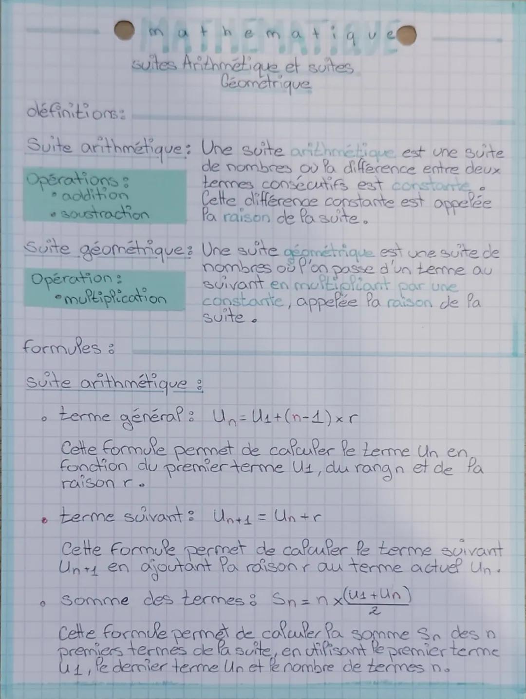 # Mathématique

Suites Arithmétique et suites Géométrique

définitions:

Suite arithmétique: Une suite arithmétique est une suite de nombres