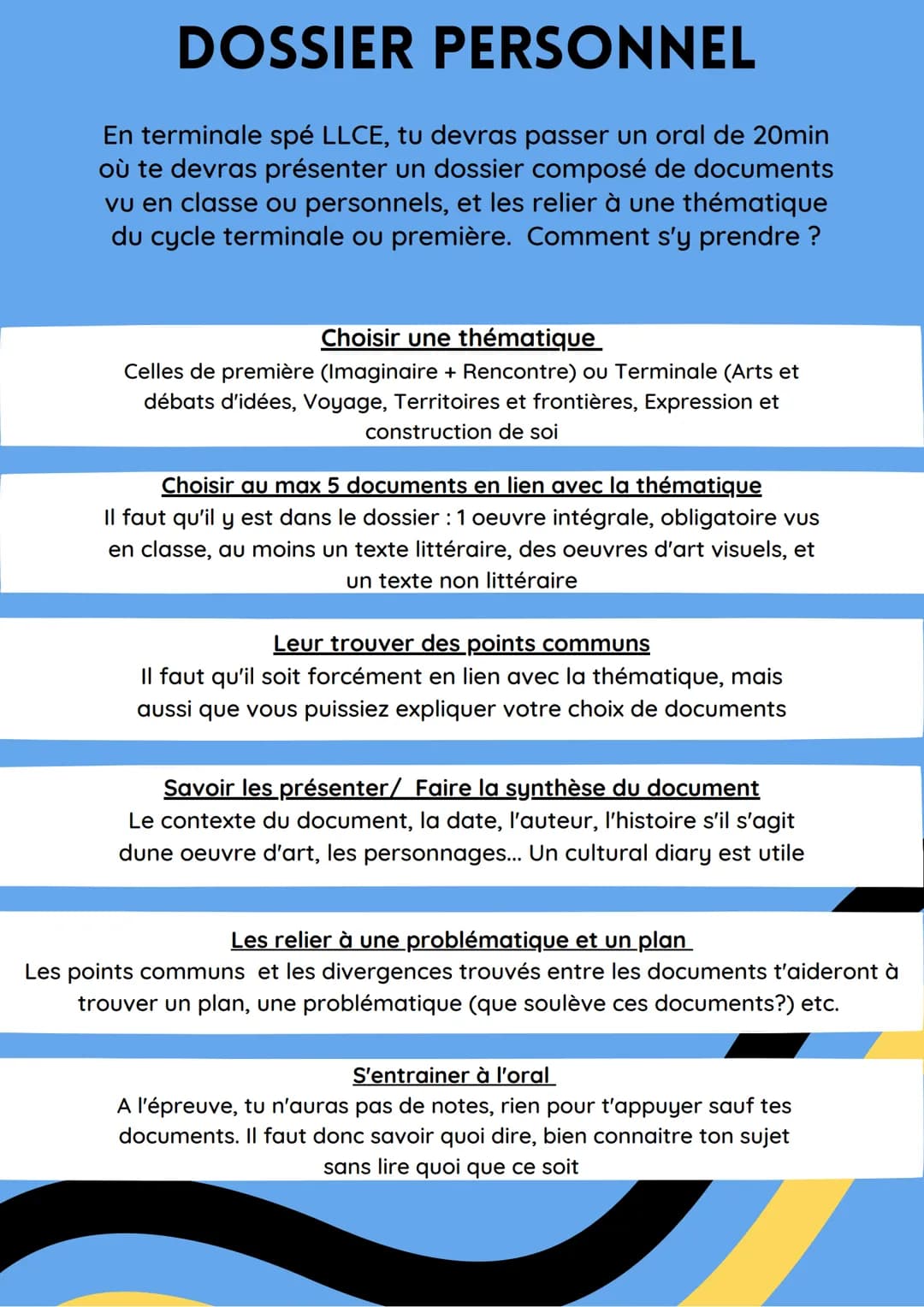 DOSSIER PERSONNEL
En terminale spé LLCE, tu devras passer un oral de 20min
où te devras présenter un dossier composé de documents
vu en clas