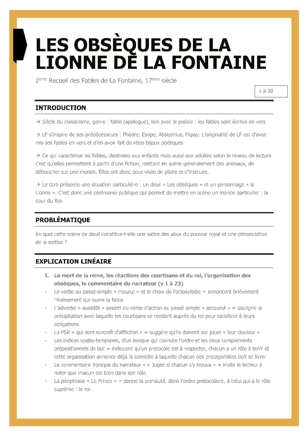 Les obsèques de la Lionne analyse linéaire PDF et texte - Fable satirique de La Fontaine