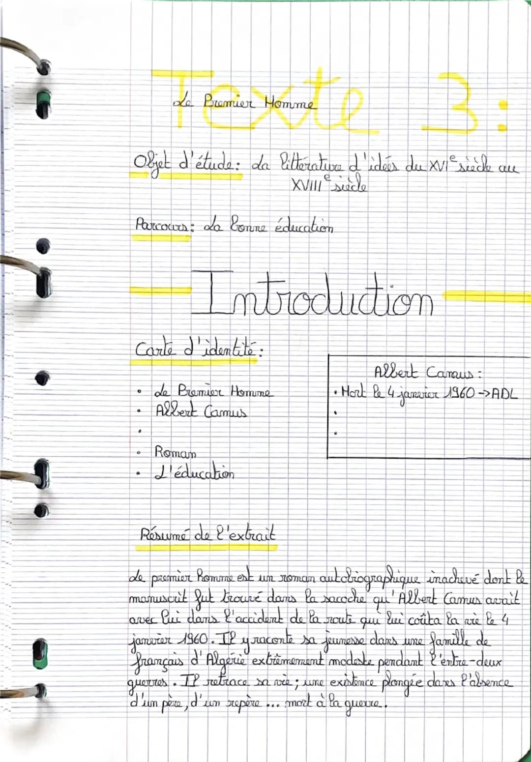 Le Premier Homme
Objet d'étude : da litterature d'idées du XVIe siècle
XVIII stede
Parcours: La bonne éducation
Introduction
Carte d'identit