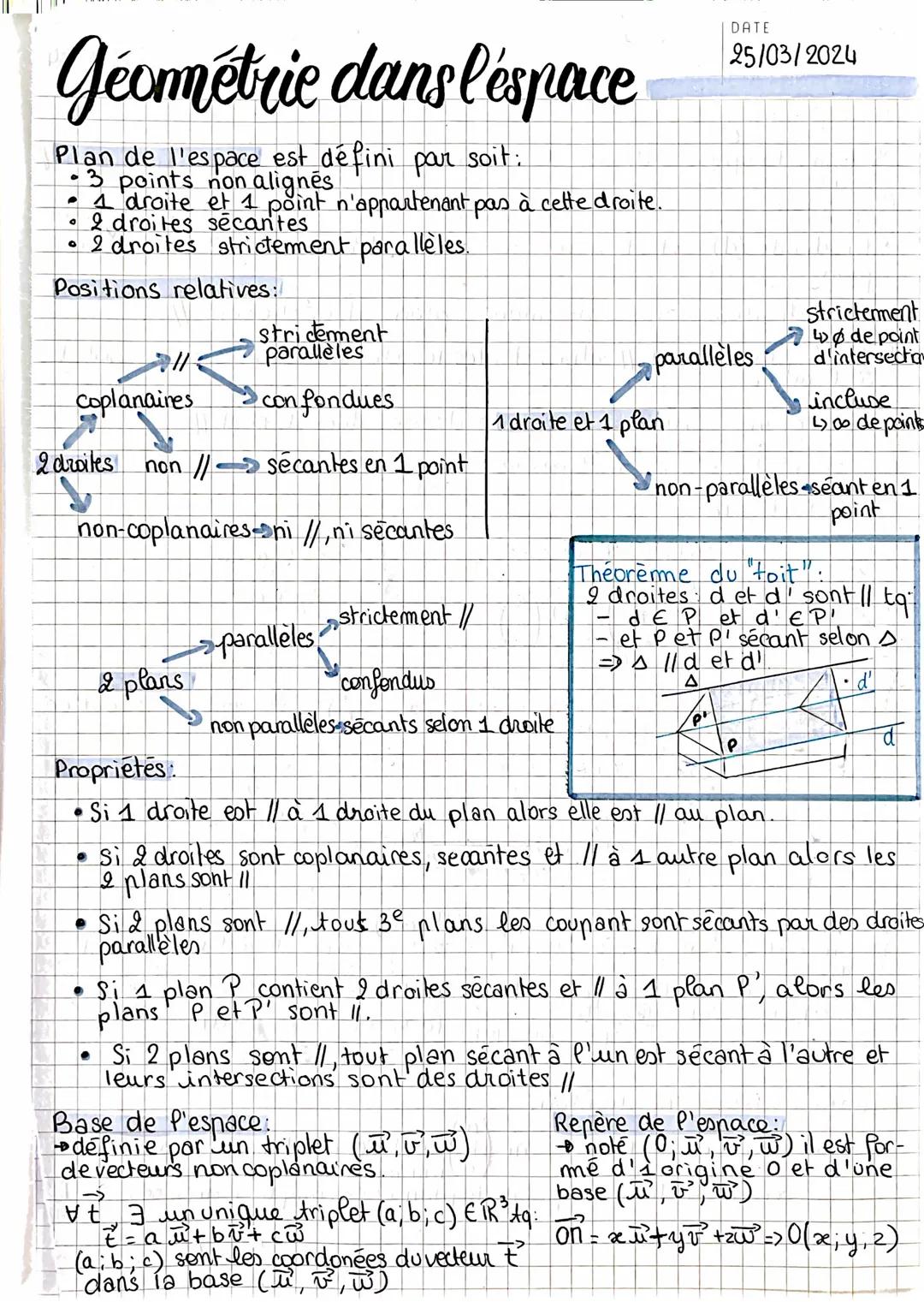 # Géométrie dans l'espace

Plan de l'espace est défini par soit:
*   3 points non alignés
*   1 droite et 1 point n'appartenant pas à cette 