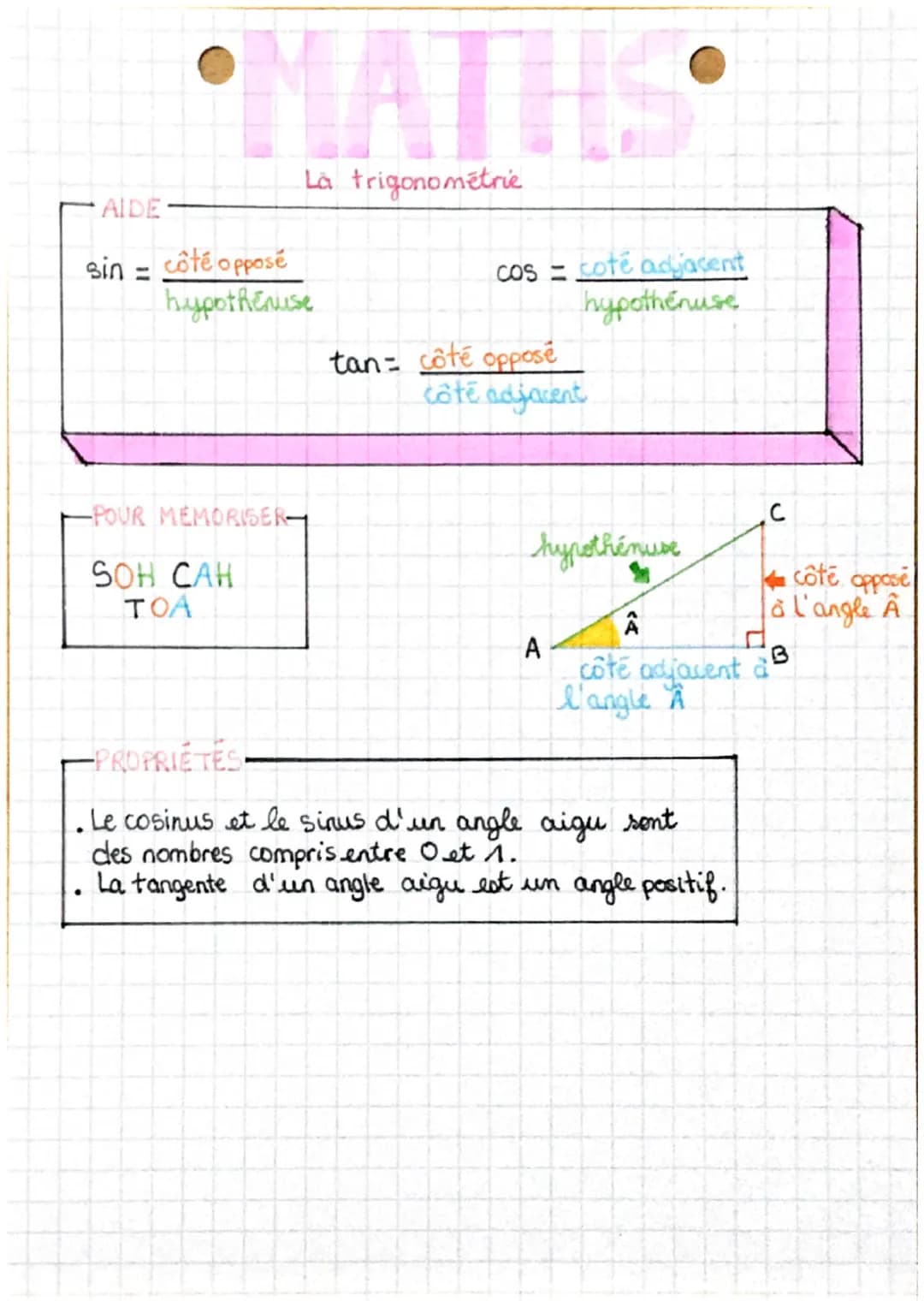 .
La trigonométrie
AIDE
-
sin = côté opposé
hypothenuse
-POUR MEMORISER-
SOH CAH
TOA
cos - cote adjacent
hypothenuse
tan côté opposé
côte ad