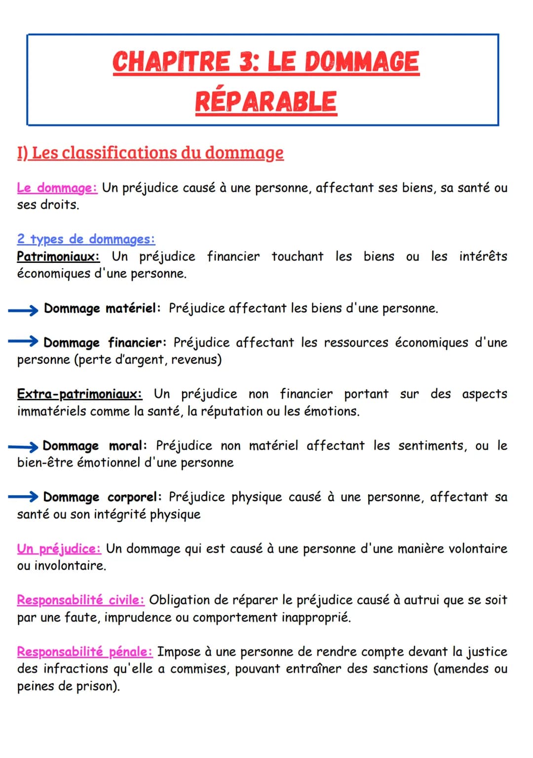 CHAPITRE 3: LE DOMMAGE
RÉPARABLE
I) Les classifications du dommage
Le dommage: Un préjudice causé à une personne, affectant ses biens, sa sa
