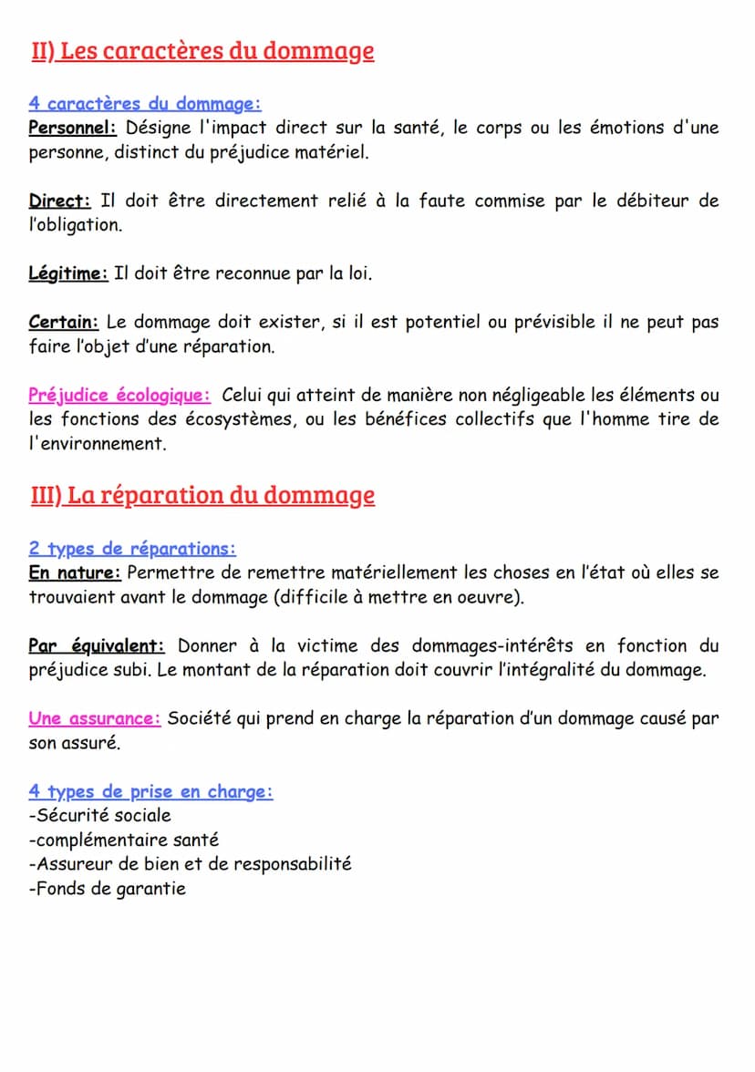 CHAPITRE 3: LE DOMMAGE
RÉPARABLE
I) Les classifications du dommage
Le dommage: Un préjudice causé à une personne, affectant ses biens, sa sa