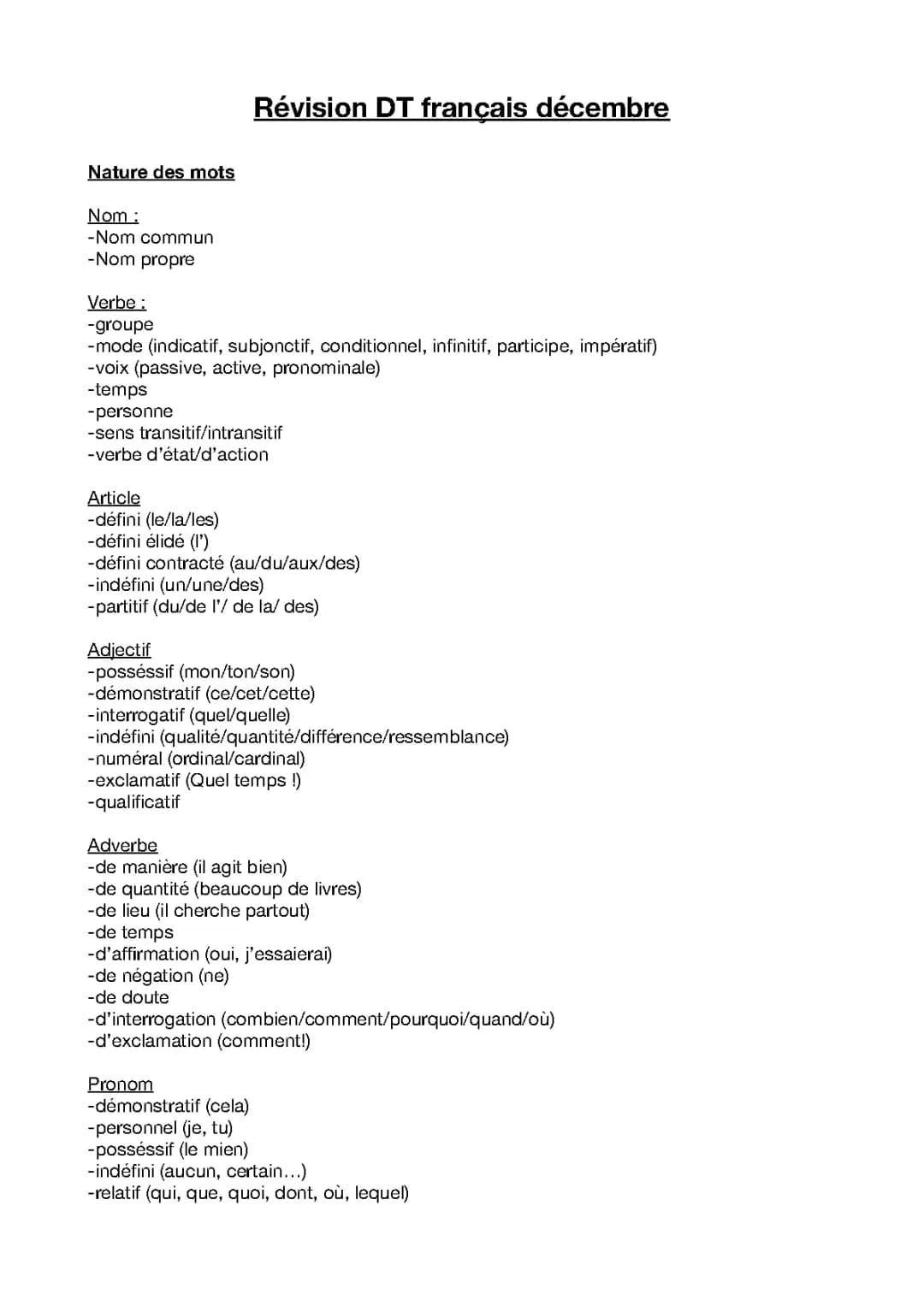 Tableau nature et fonction des mots en français - CM2 et 3ème