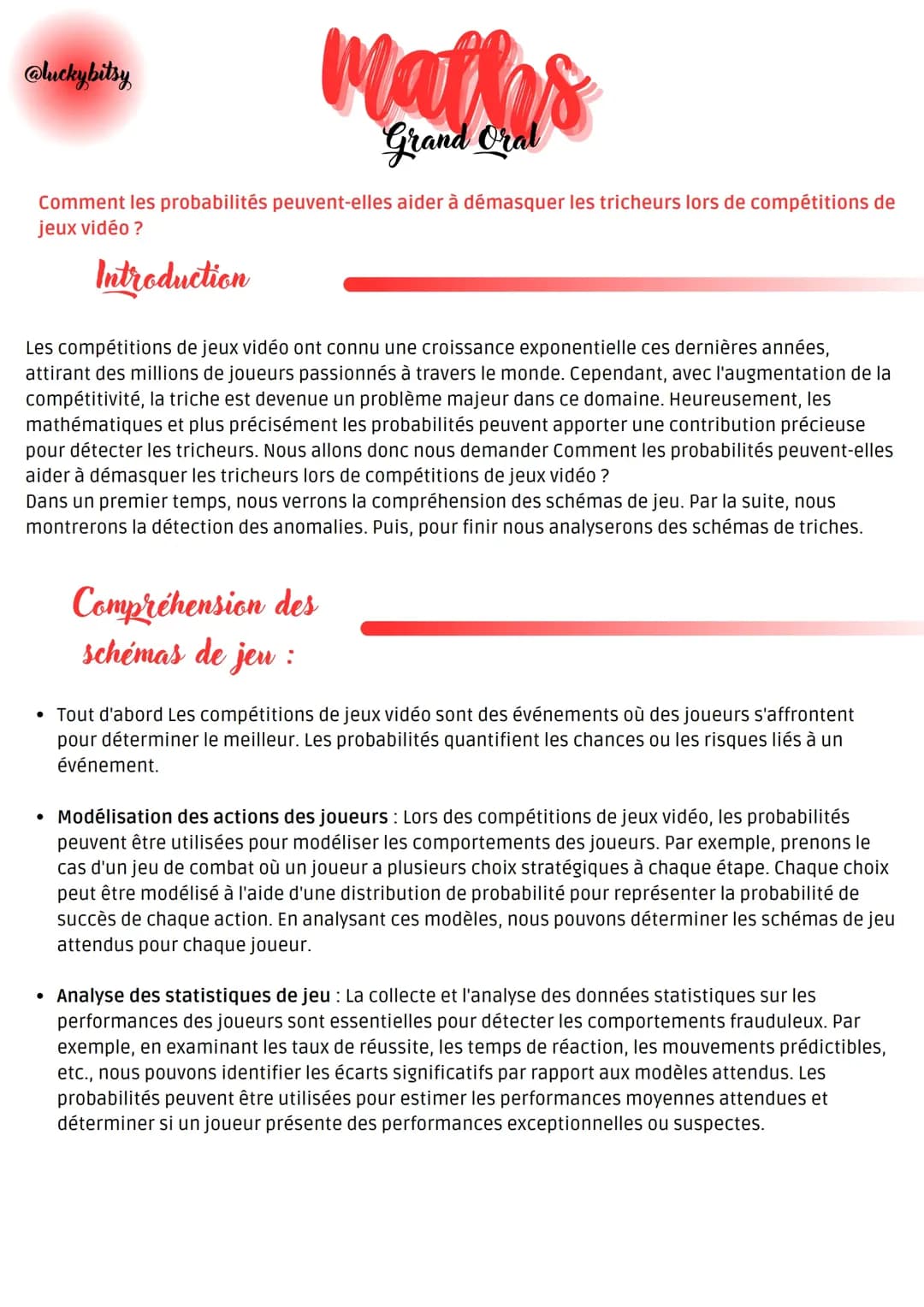 Sujet de Grand Oral: Maths et Jeux Vidéo - Comment Calculer les Probabilités et Statistiques du Jeu Vidéo 2023