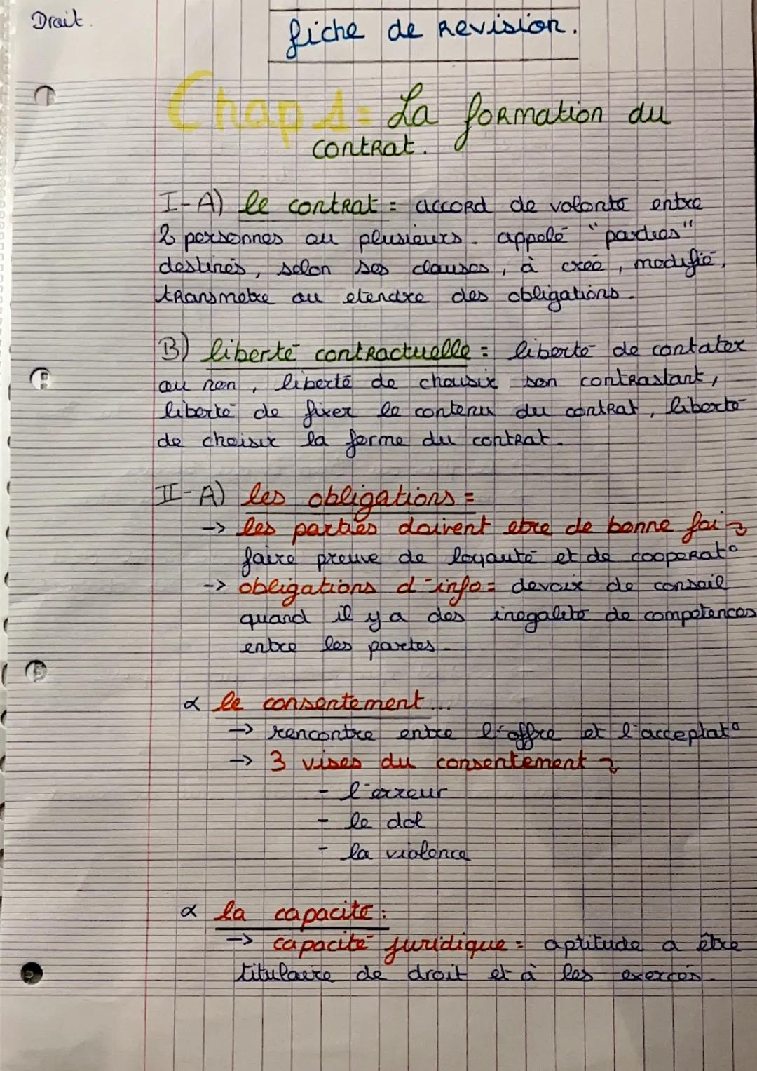 Drait

fiche de Revision.

Chap 1 - La formation du
Contrat.

I-A) le contrat: accord de volonte entre
2 personnes au plusieurs appelé "pard