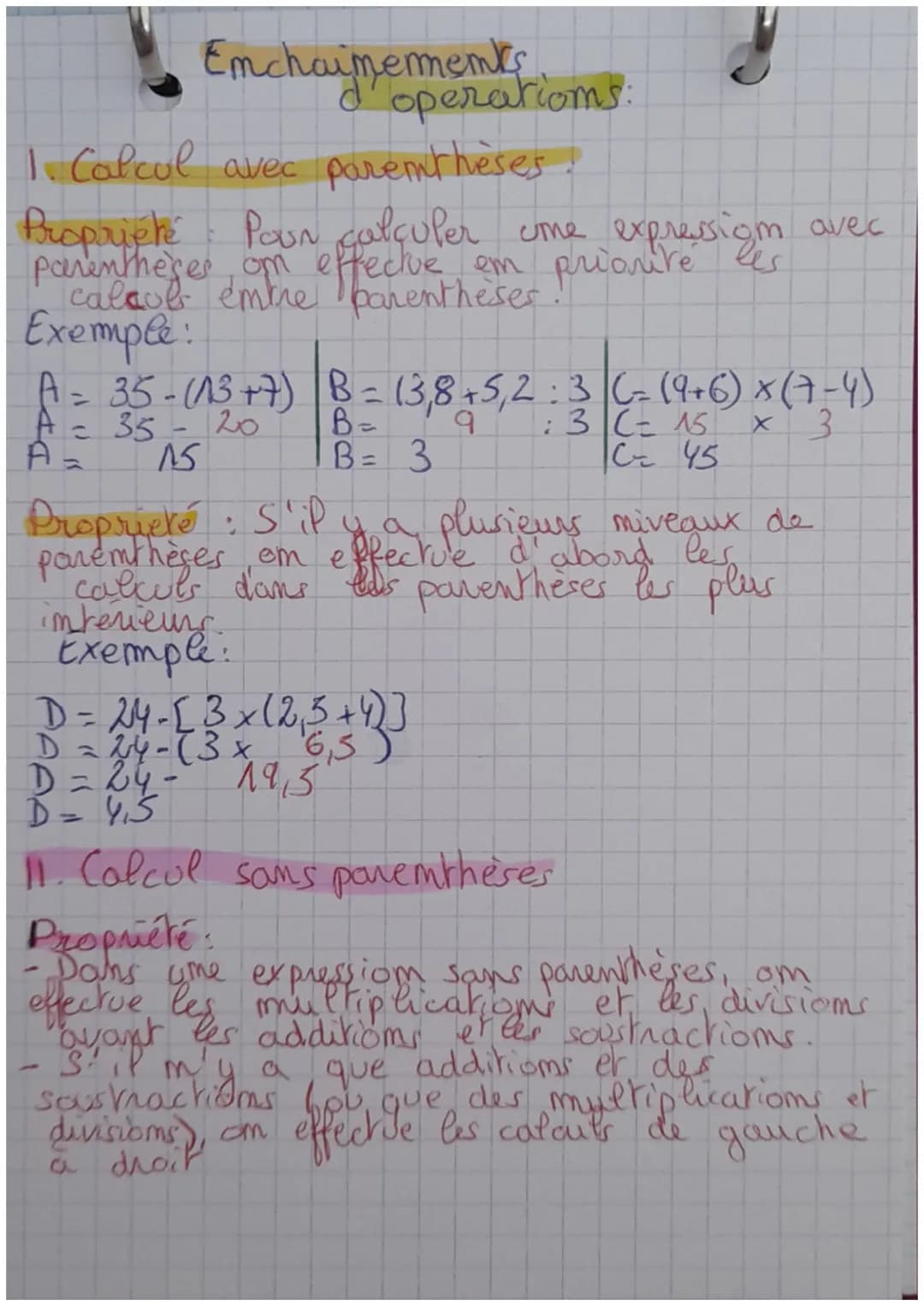 Enchainements
d'operations:
1. Calcul avec paremthèses !
Propriété Poun calculer come expressign avec
parentheges om effectue em priorité le