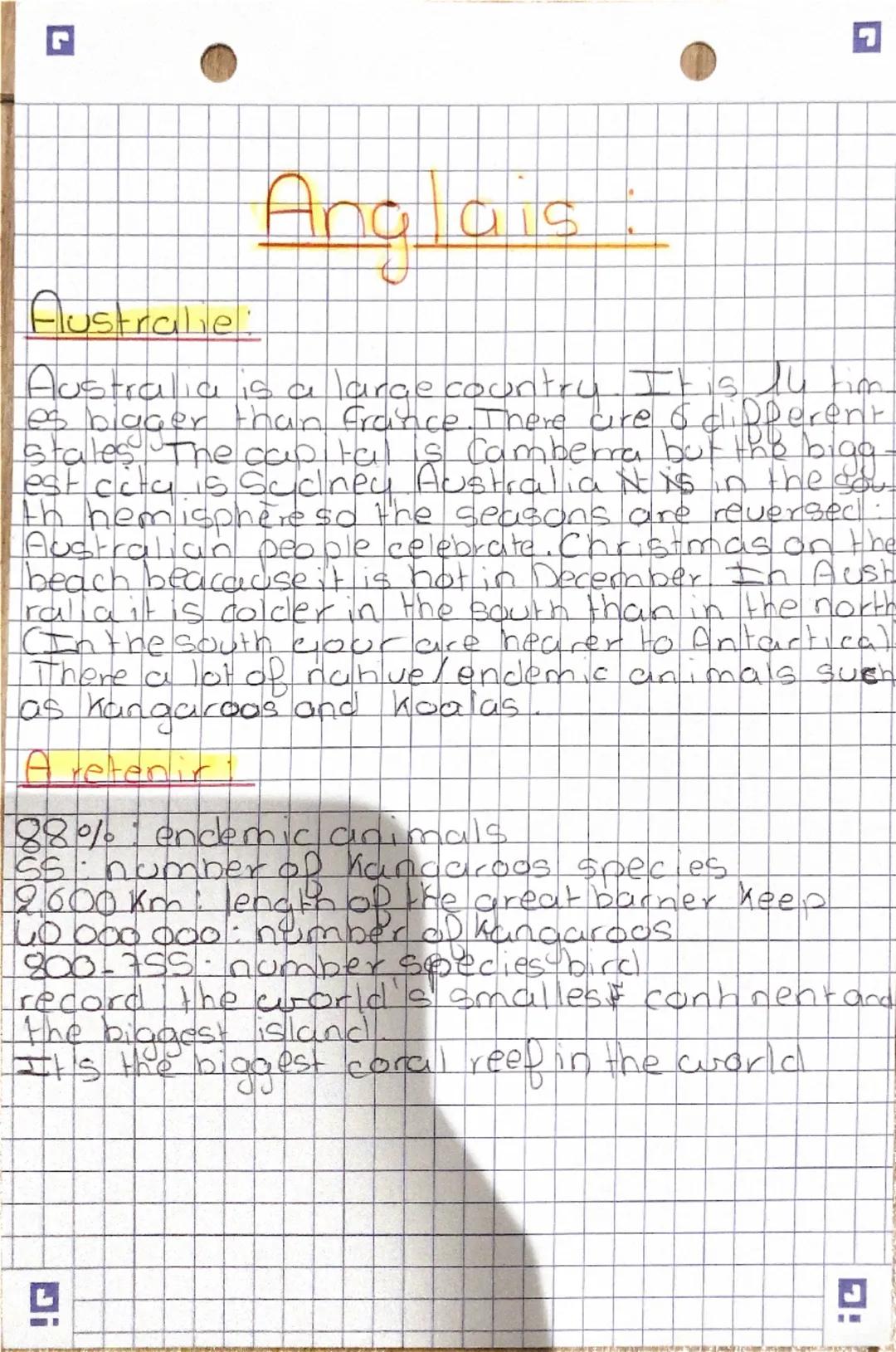 Anglais:

Australie:
Australia is a large country. It is ju tim
es bigger than france. There are & diDDerent
stales The cap tal is Camberra 