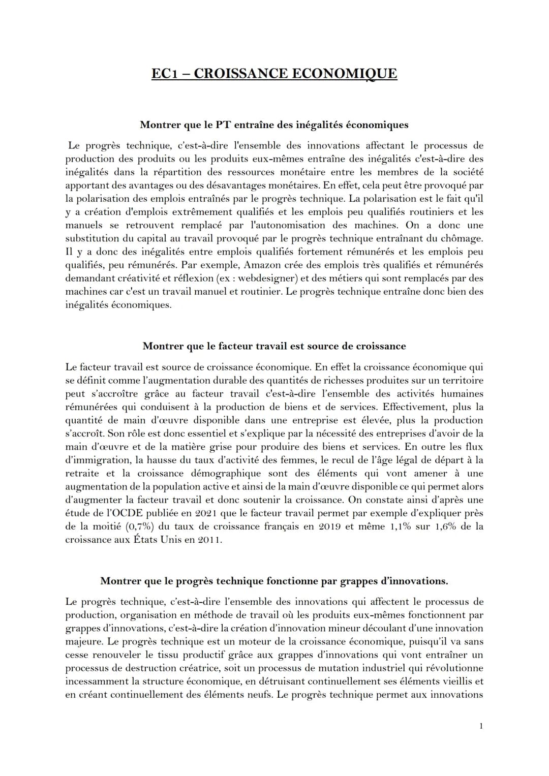 EC1- CROISSANCE ECONOMIQUE
Montrer que le PT entraîne des inégalités économiques
Le progrès technique, c'est-à-dire l'ensemble des innovatio