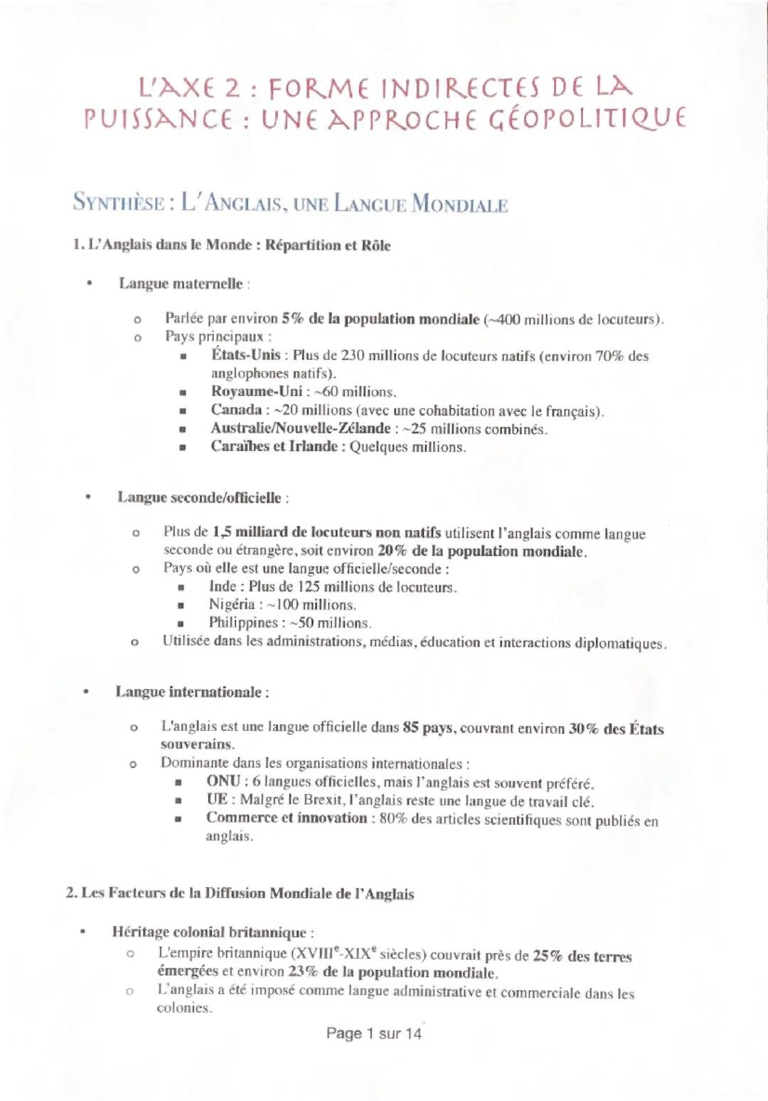 # L'AXE 2: FORME INDIRECTES DE LA
PUISSANCE: UNE APPROCHE GÉOPOLITIQUE

SYNTHÈSE: L'ANGLAIS, UNE LANGUE MONDIALE

1. L'Anglais dans le Monde