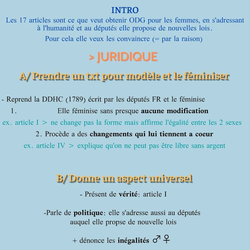 DDFC
Olympe de Gouges Objectif et juridique
Structure 1
> juridique
- prend un texte pour modele et le féminise
- donne un aspect universel
