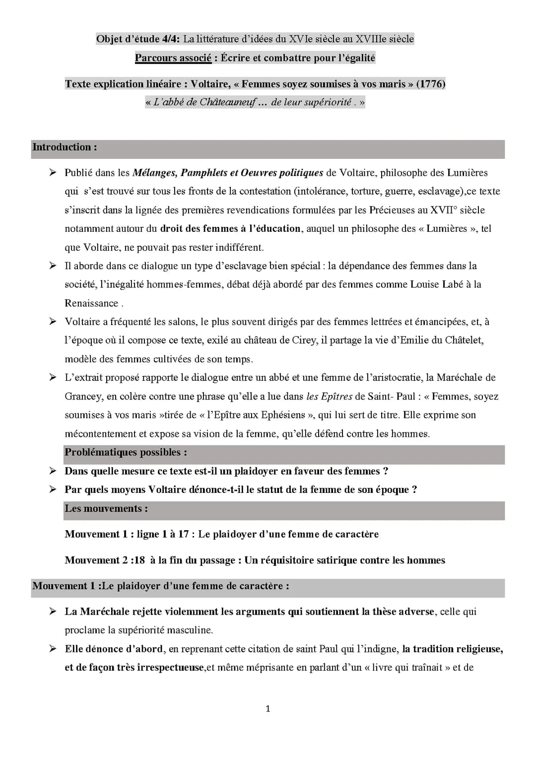 Voltaire Femmes soyez soumises à vos maris Analyse linéaire - Texte et Problématique