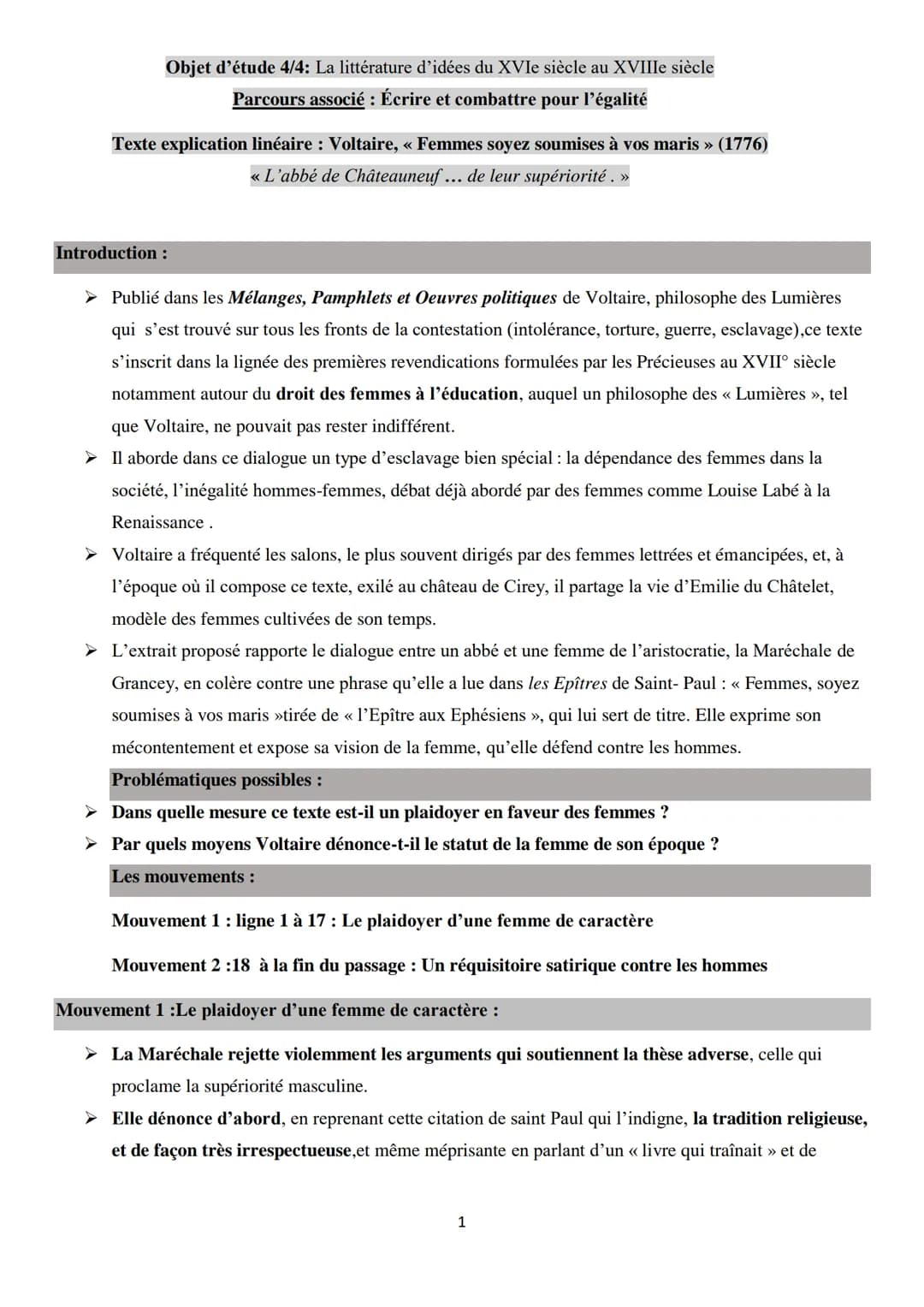 Objet d'étude 4/4: La littérature d'idées du XVIe siècle au XVIIIe siècle
Parcours associé : Écrire et combattre pour l'égalité
Texte explic