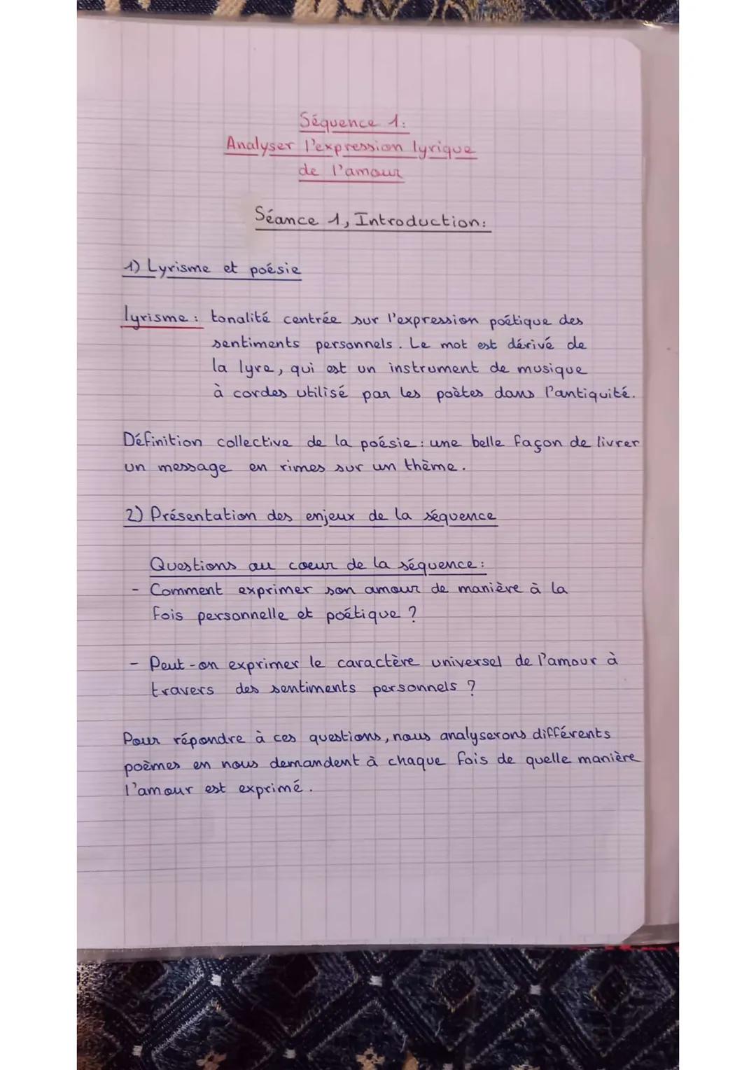 --- OCR Start ---
Séquence 1.
Analyser l'expression lyrique
de l'amour
Séance 1, Introduction:
1) Lyrisme et poésie
lyrisme: tonalité centré