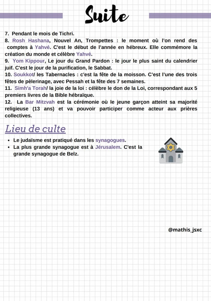 Histoire
Le judaïsme
Le judaïsme est une religion monothéiste, c'est-à-dire que ses croyants croient
en un seul Dieu, Yahvé. D'après ses fid