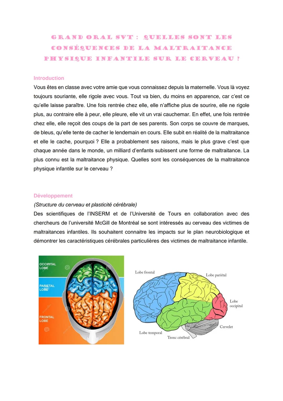 GRAND ORAL SVT: QUELLES SONT LES
CONSÉQUENCES DE LA MALTRAITANCE
PHYSIQUE INFANTILE SUR LE CERVEAU?
Introduction
Vous êtes en classe avec vo