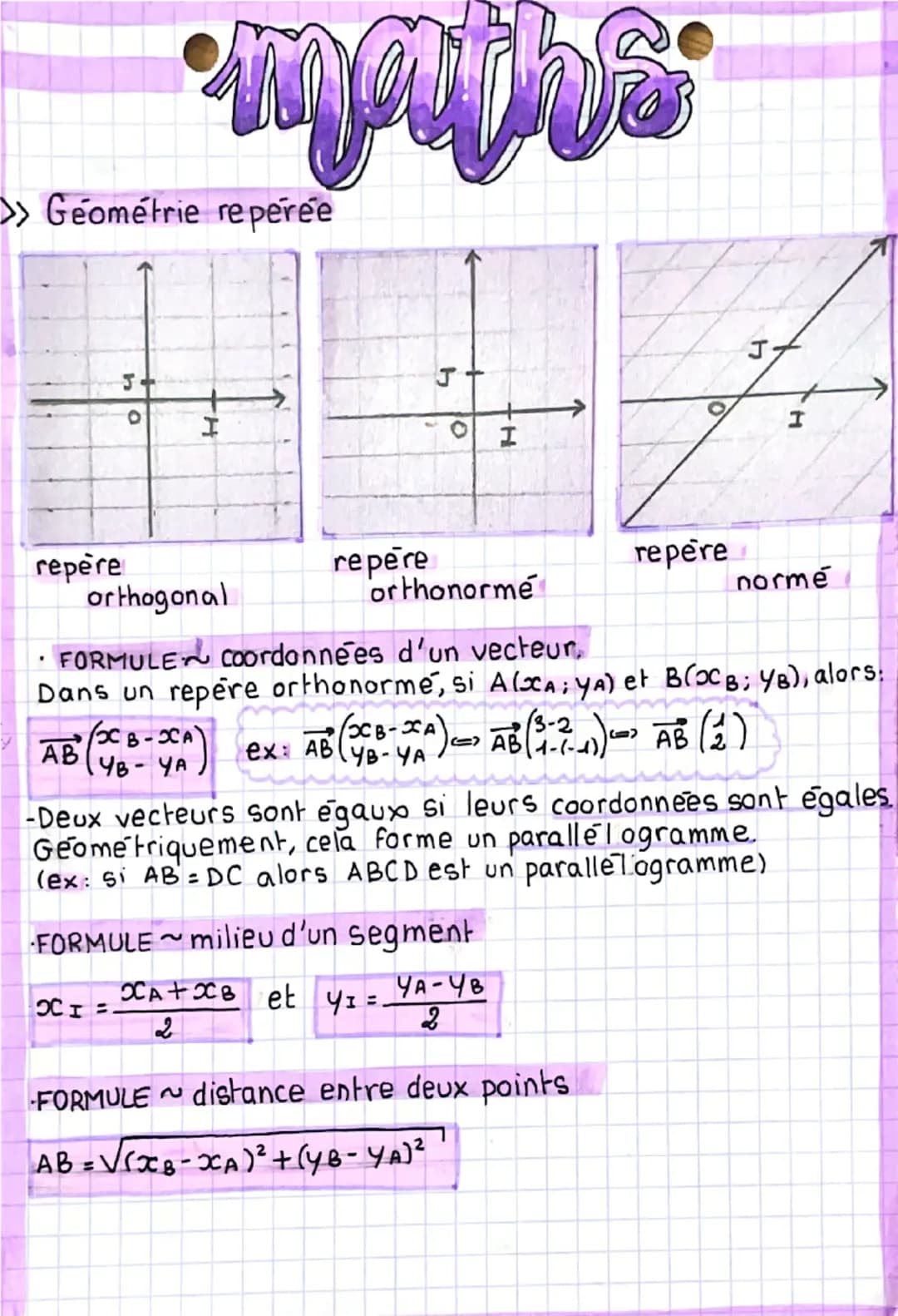 •mayrs
>> Géométrie repérée
J
0
I
repère
orthogonal
H
0
repere
orthonormé
repere
normé
FORMULE Coordonnées d'un vecteur,
Dans un repere orth