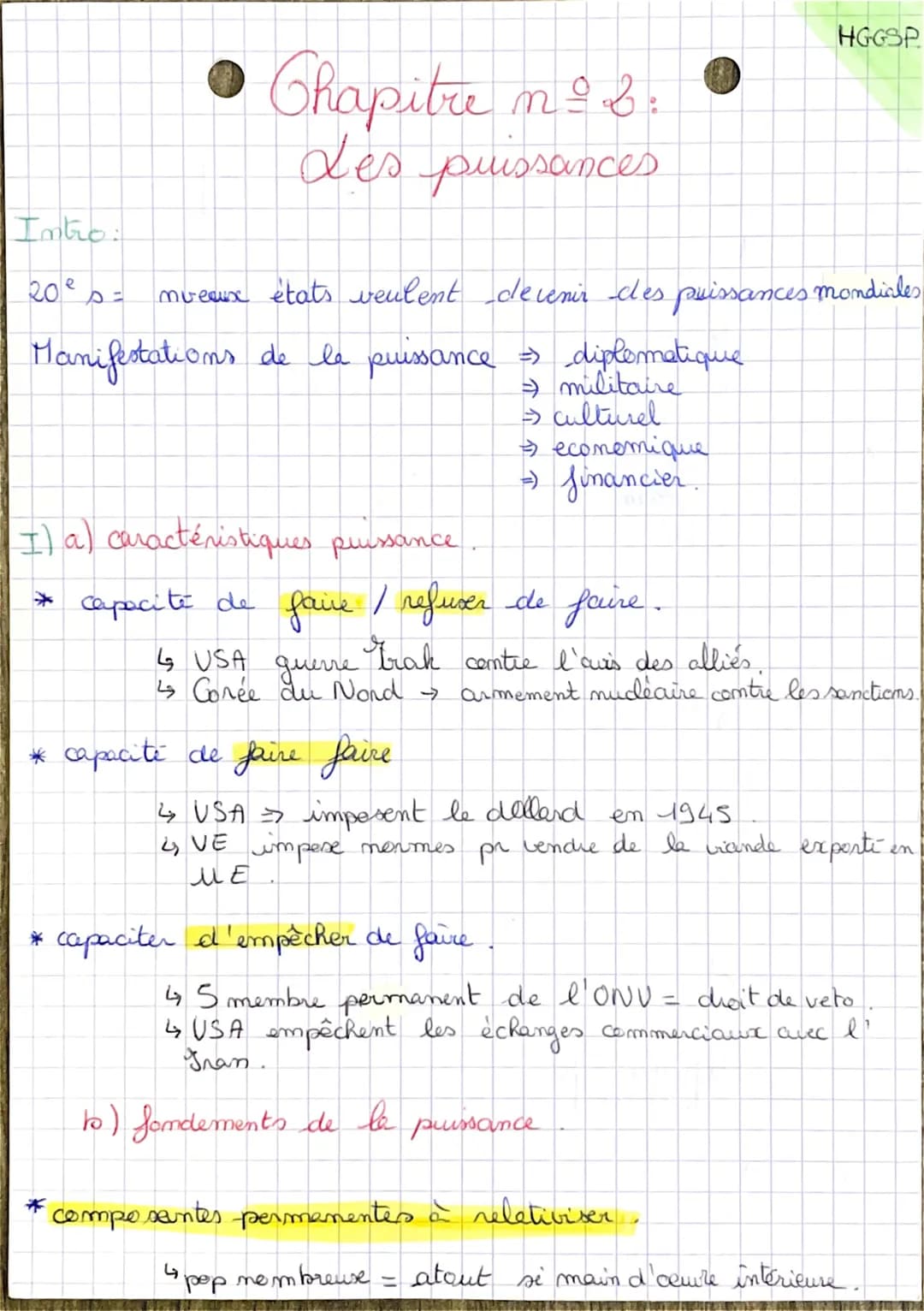 ● Chapitre n = 3.
Les puissances
Intro:
20² b =
Manifestations de la puissance => diplomatique
→ militaire
→ culturel
→ économique
→ financi