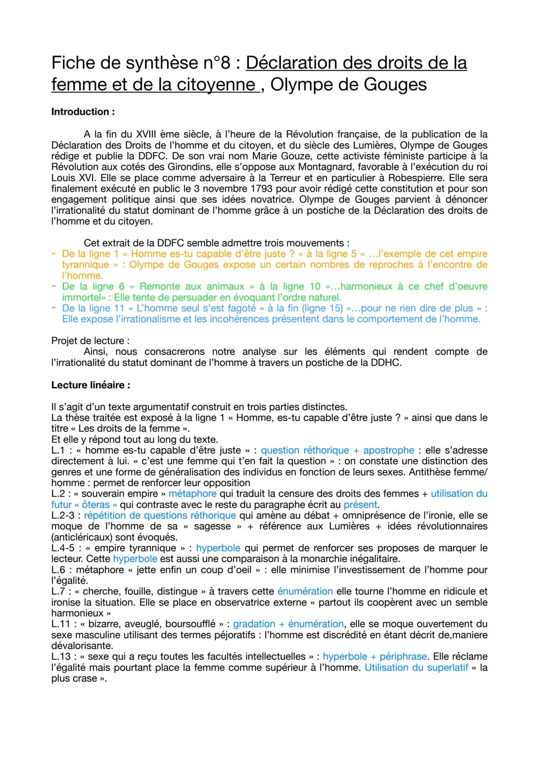 Fiche de synthèse nº8 : Déclaration des droits de la
femme et de la citoyenne, Olympe de Gouges
Introduction :
A la fin du XVIII ème siècle,