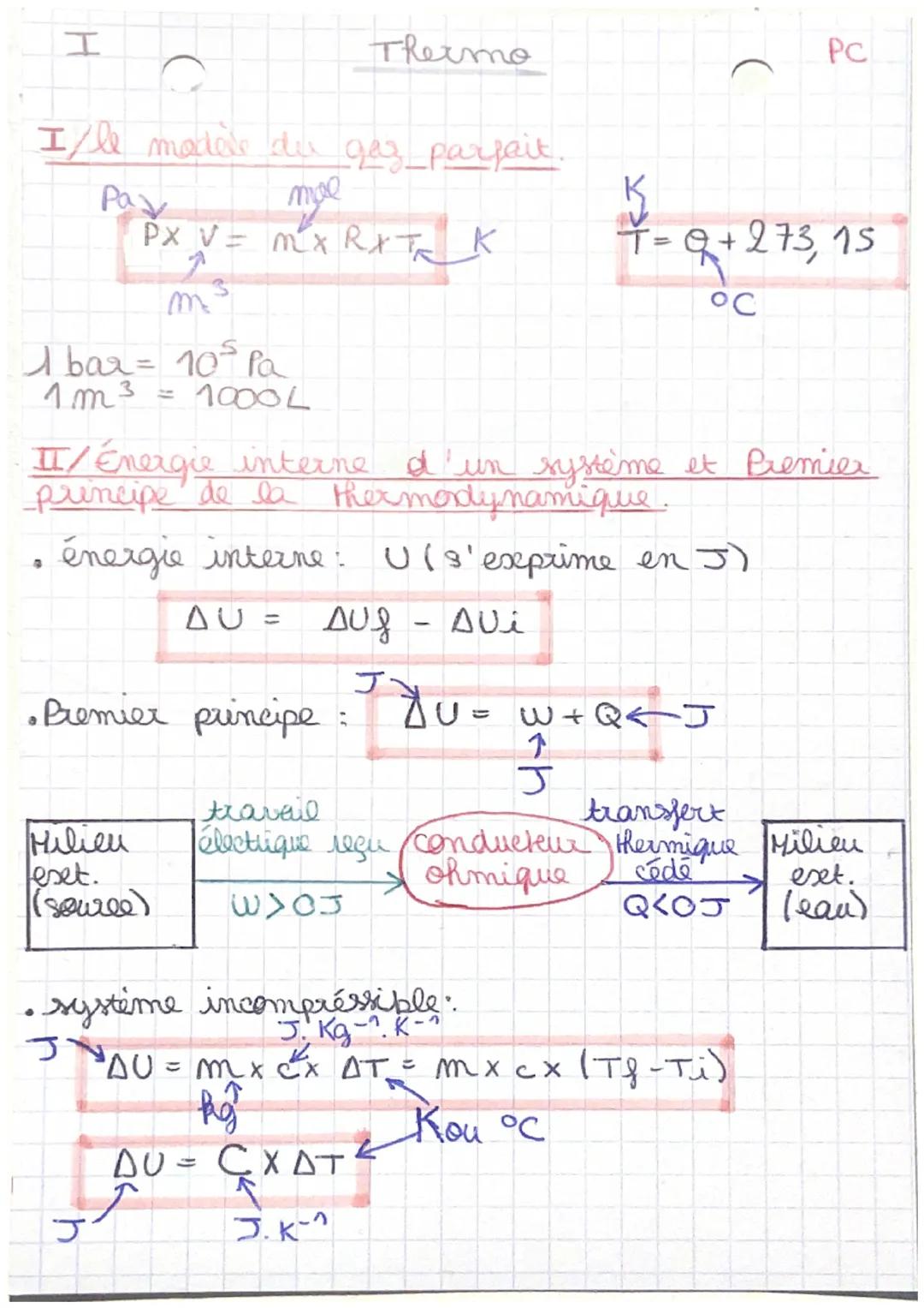 工

Thermo

PC

I/ le modèle du gaz_parfait.

Pa
mol
$PX V = mx RX T_K$
3
m³
K
$T=9+273, 15$
°C
II/Energie
principe
A bar = 105 Pa
1 m³ = 100