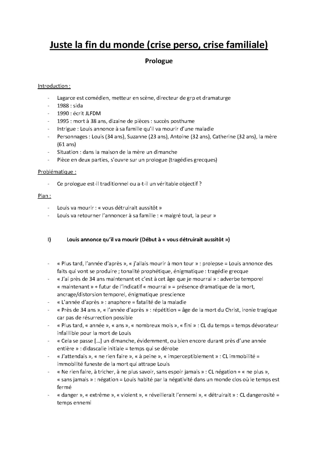 Prologue Juste la fin du monde - Analyse linéaire PDF, Problématique et Résumé
