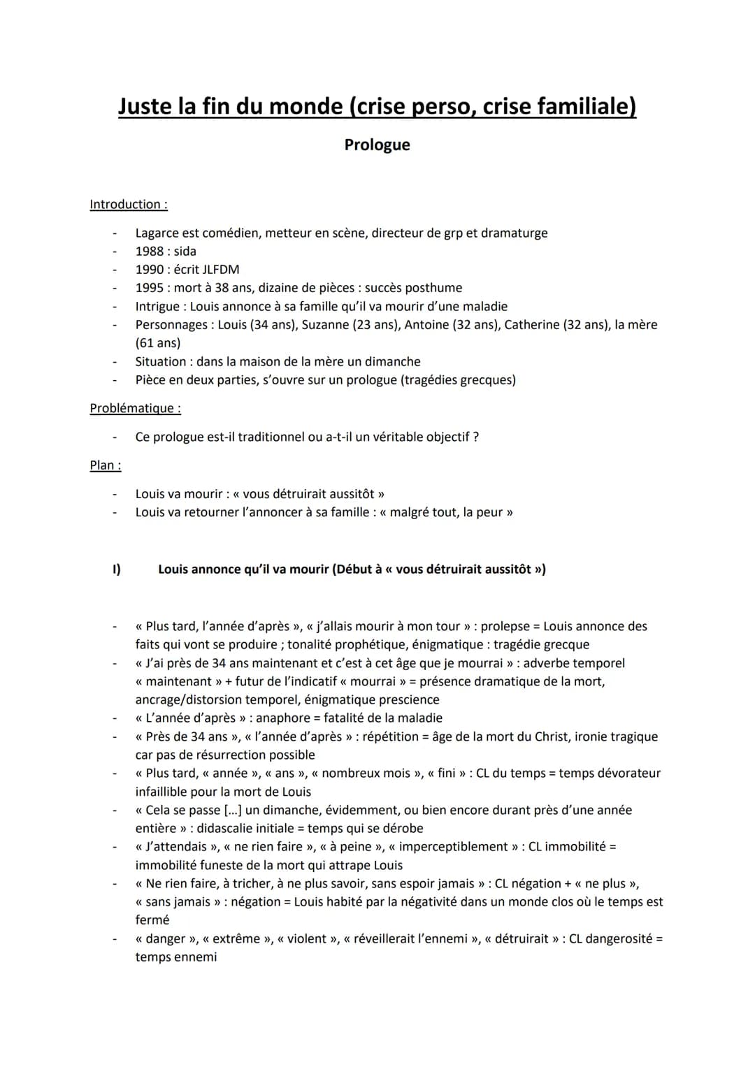 Juste la fin du monde (crise perso, crise familiale)
Prologue
Introduction :
Problématique :
Plan :
Lagarce est comédien, metteur en scène, 
