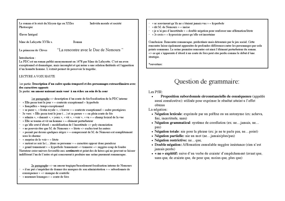 Analyse Linéaire La Princesse de Clèves : Scène du Bal et L'Aveu